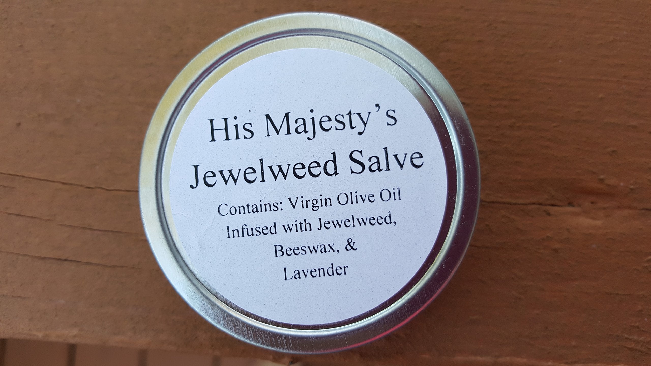 His Majesty's Jewelweed Salve label on packaging for natural skin care