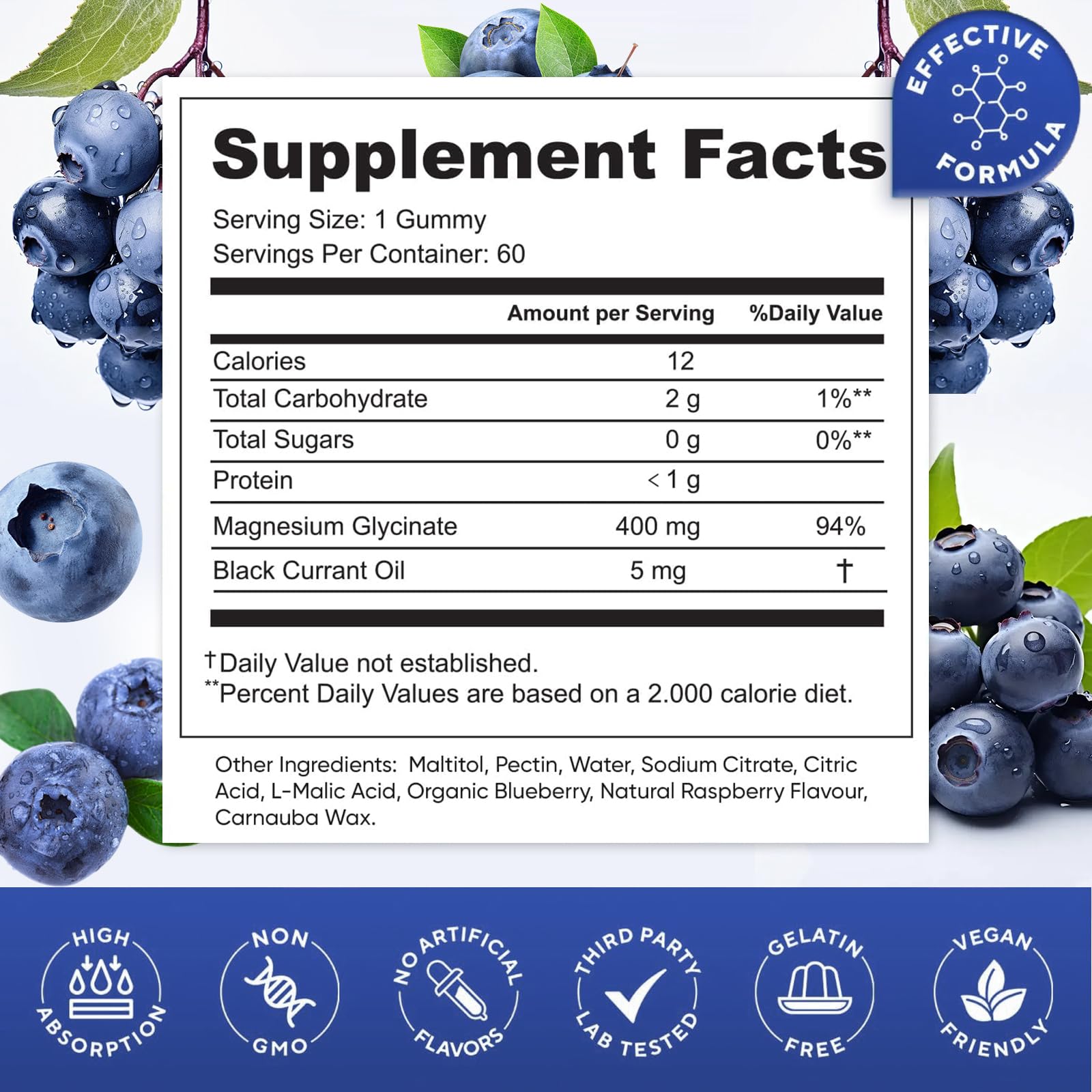 Close-up of HISOKOI gummies highlighting blueberry flavor and easy digestion.