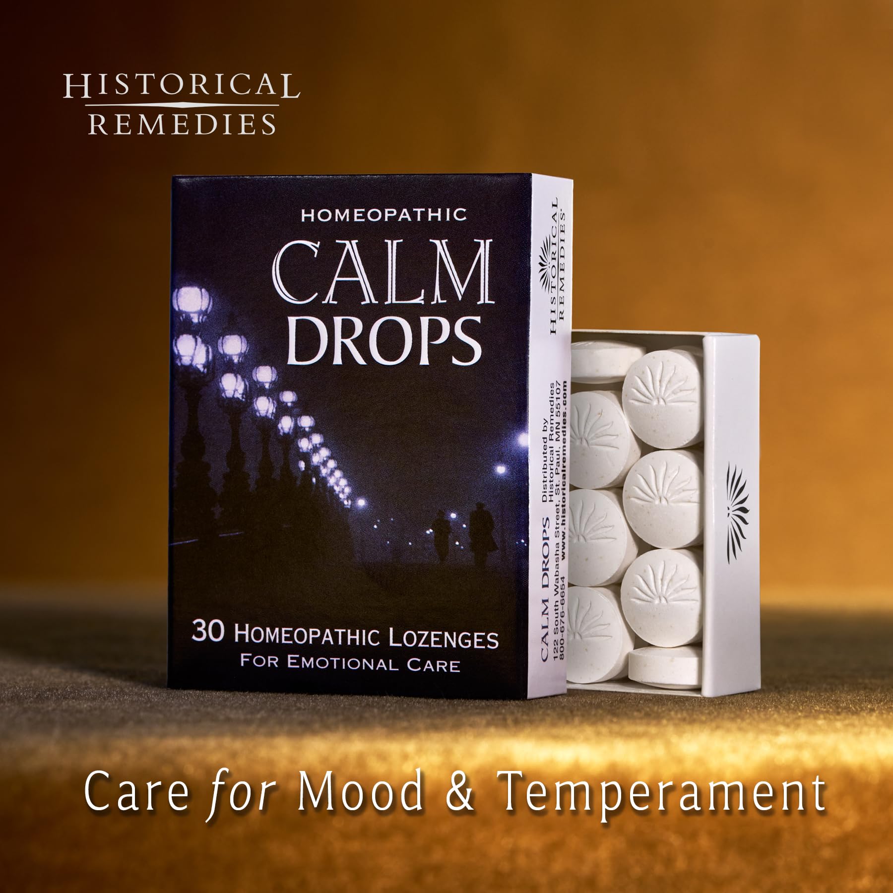 Historical Remedies Calm Drops packaging—eco-friendly slipcase for travel