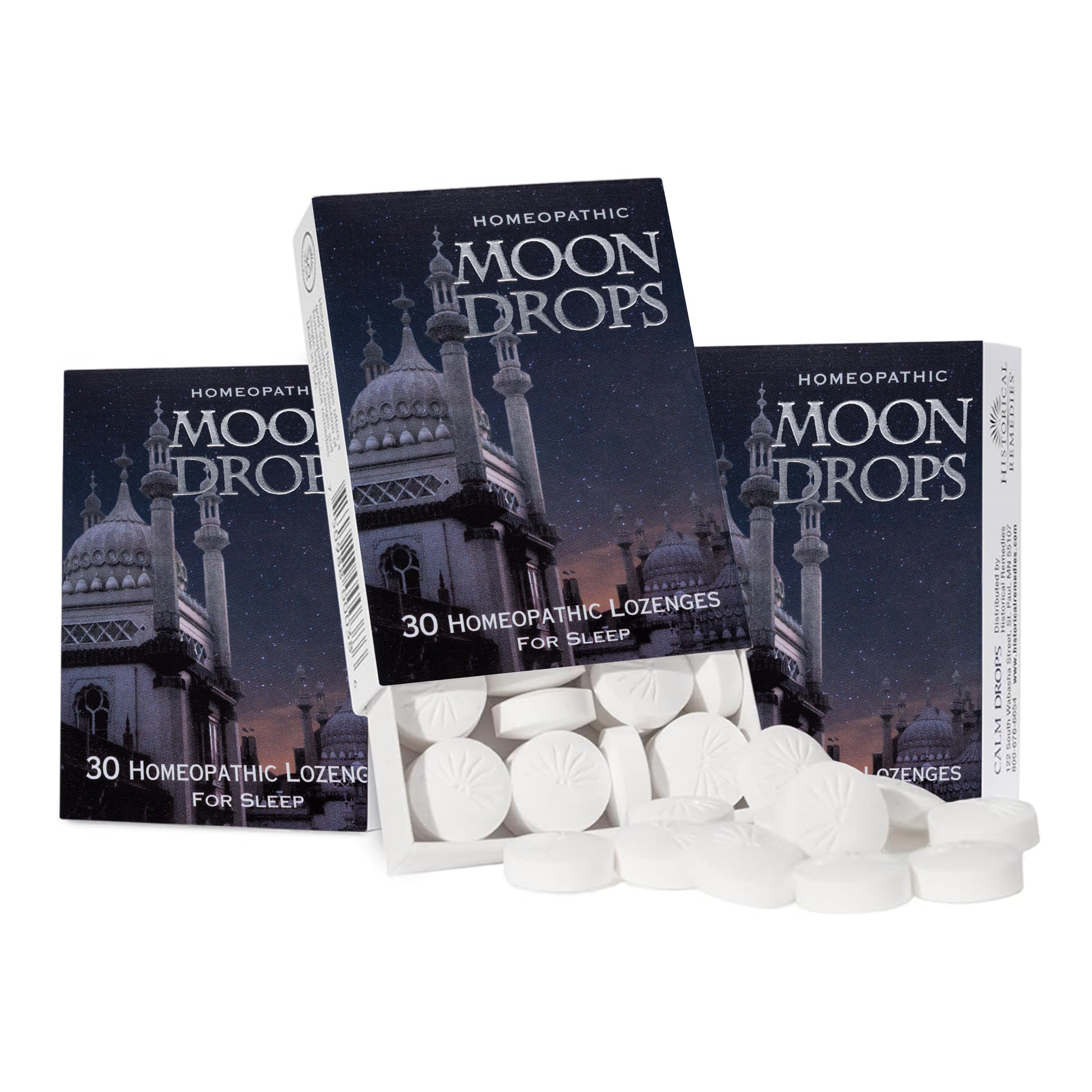 Historical Remedies Moon Drops bottle and packaging, showcasing travel-friendly sleep support.