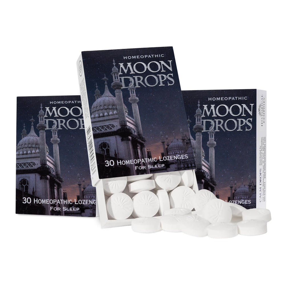 Historical Remedies Moon Drops bottle and packaging, showcasing travel-friendly sleep support.