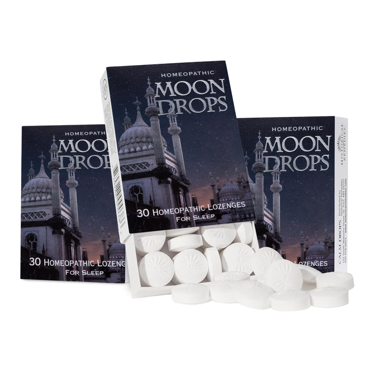 Historical Remedies Moon Drops bottle and packaging, showcasing travel-friendly sleep support.