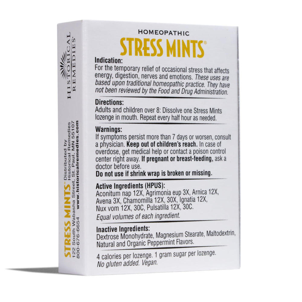 Historical Remedies Stress Mints brand label supports trusted wellness.
