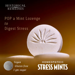 Historical Remedies Stress Mints lozenges closeup highlighting organic peppermint flavor.