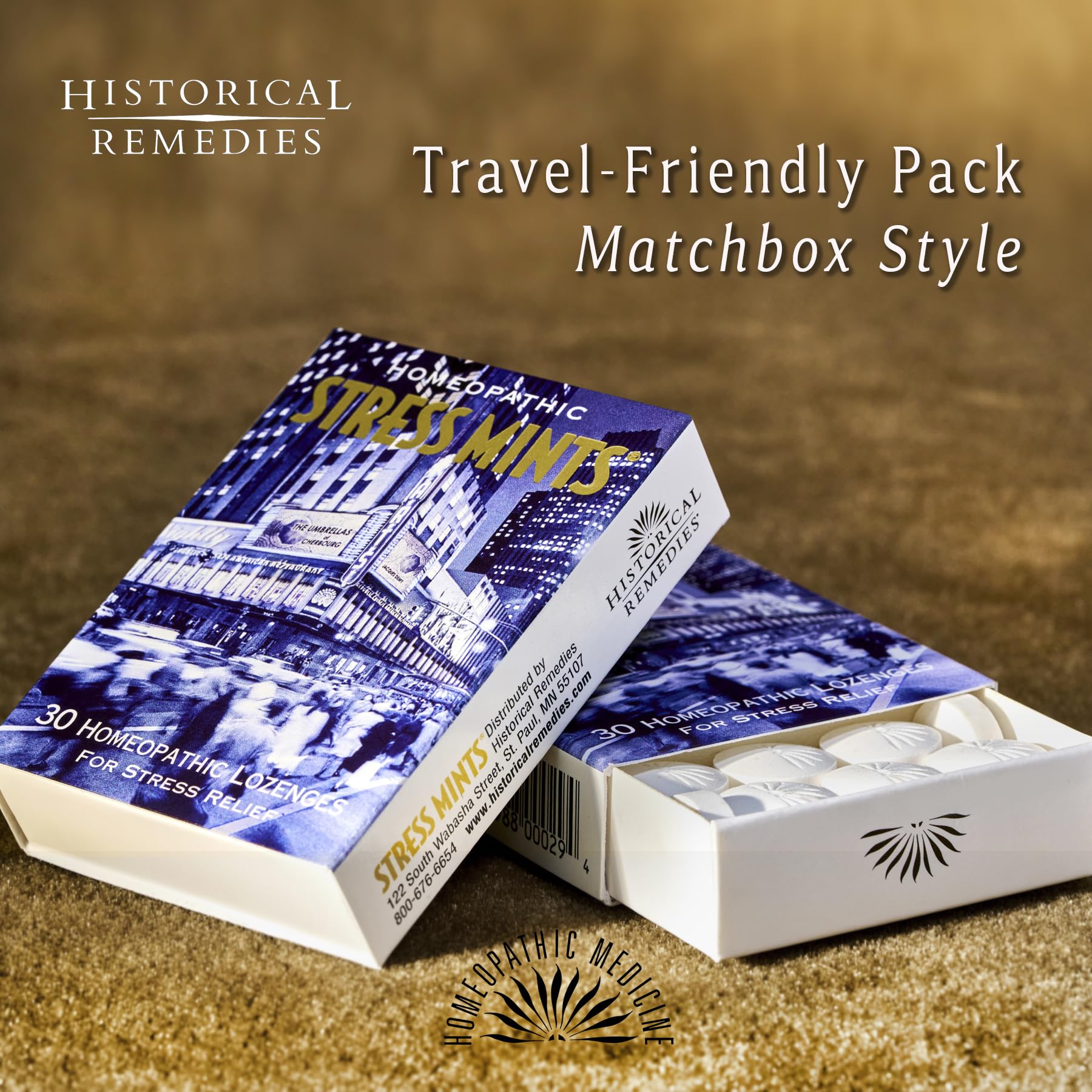 Historical Remedies Stress Mints pack in-use during travel for calm focus.