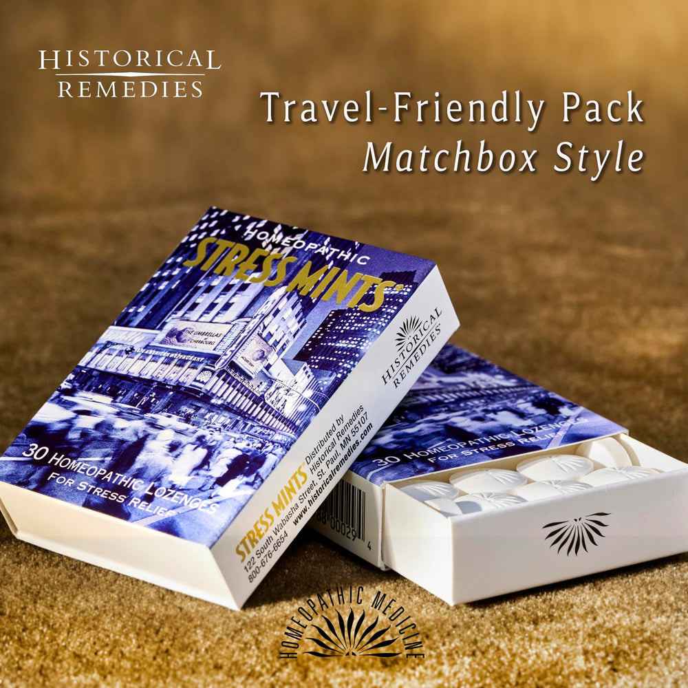 Historical Remedies Stress Mints pack in-use during travel for calm focus.