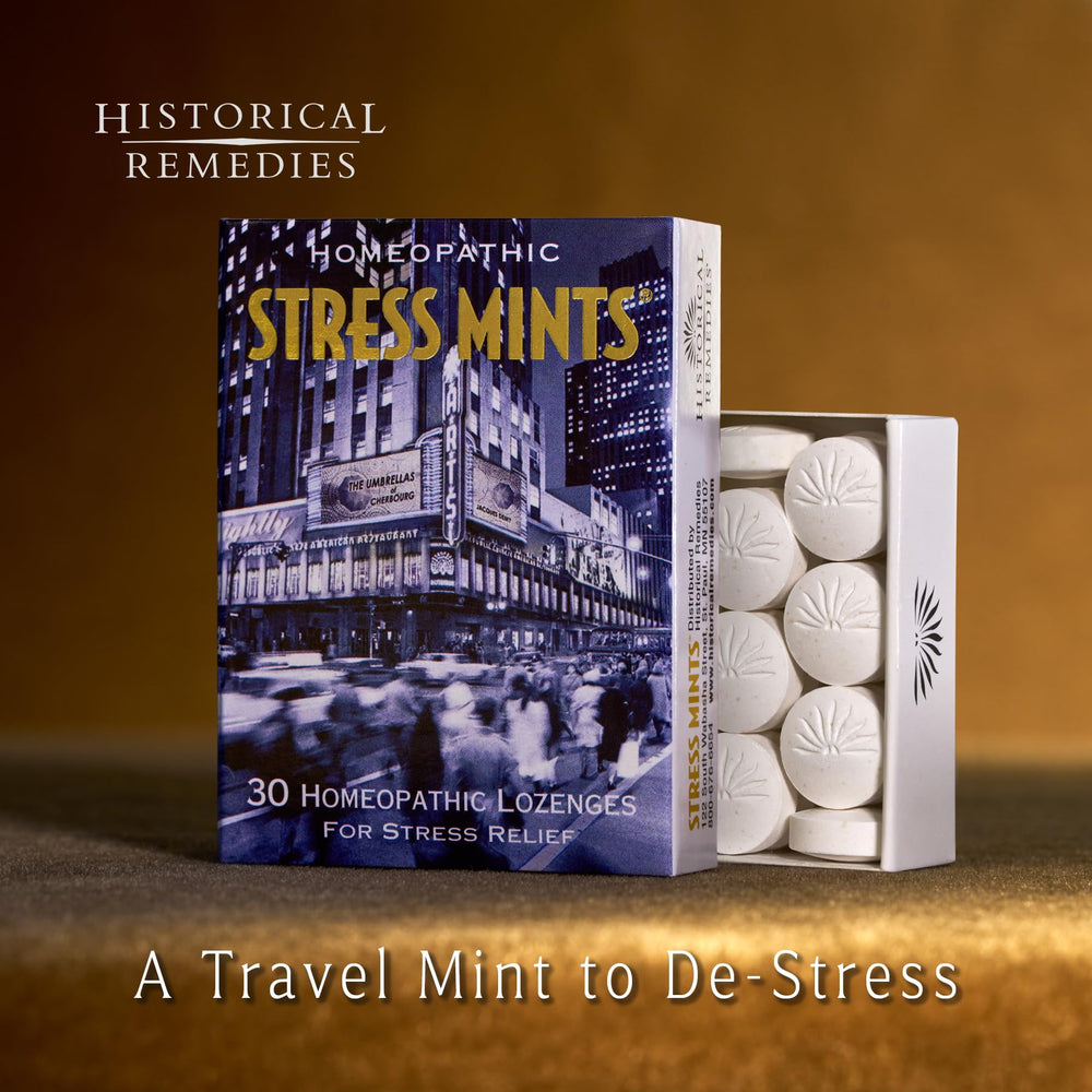 Historical Remedies Stress Mints slipcase in pocket for discreet, portable stress relief.