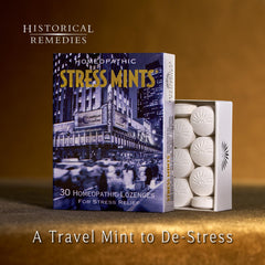 Historical Remedies Stress Mints slipcase in pocket for discreet, portable stress relief.