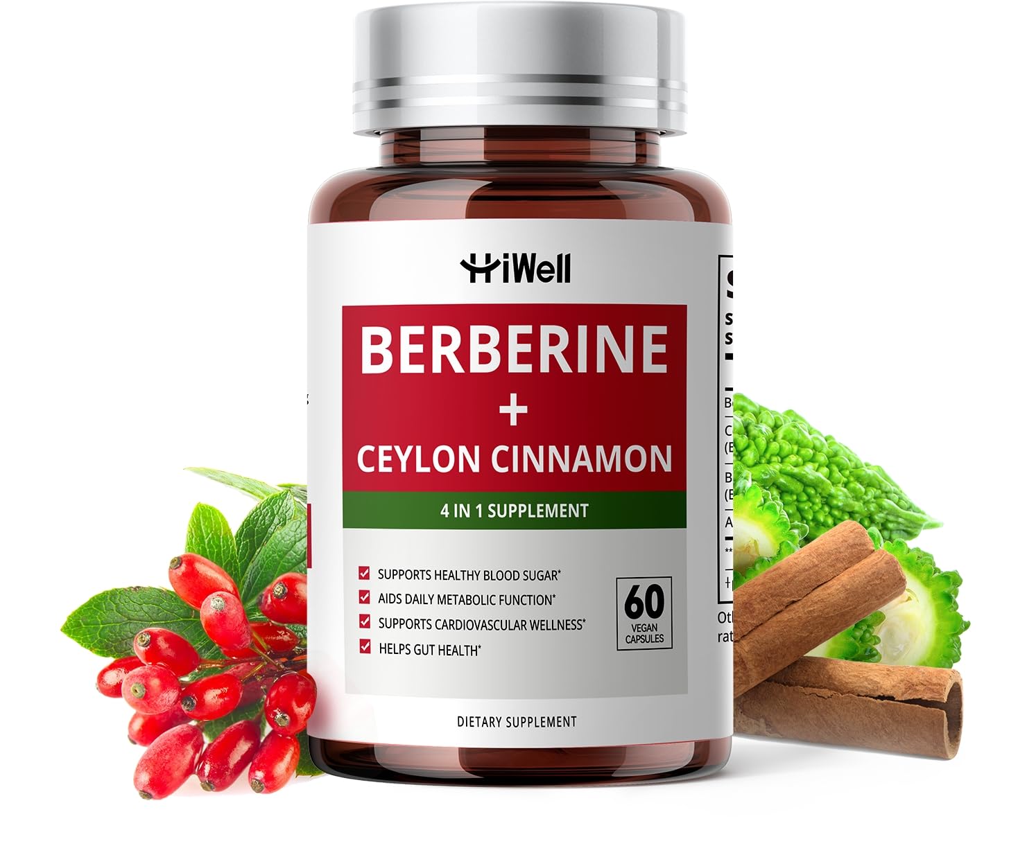 HiWell Berberine with Ceylon Cinnamon bottle, supports vegan gluten-free formula for daily use