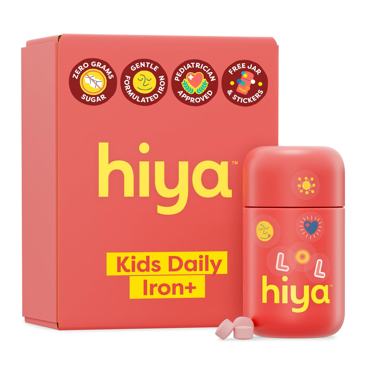 Hiya Iron+ for Kids bottle with strawberry-flavored chewables for gentle iron absorption