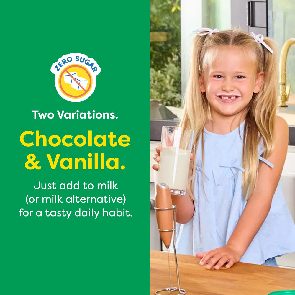HIYA Kids Greens Powder Sticks support bone and brain nutrition on busy days.
