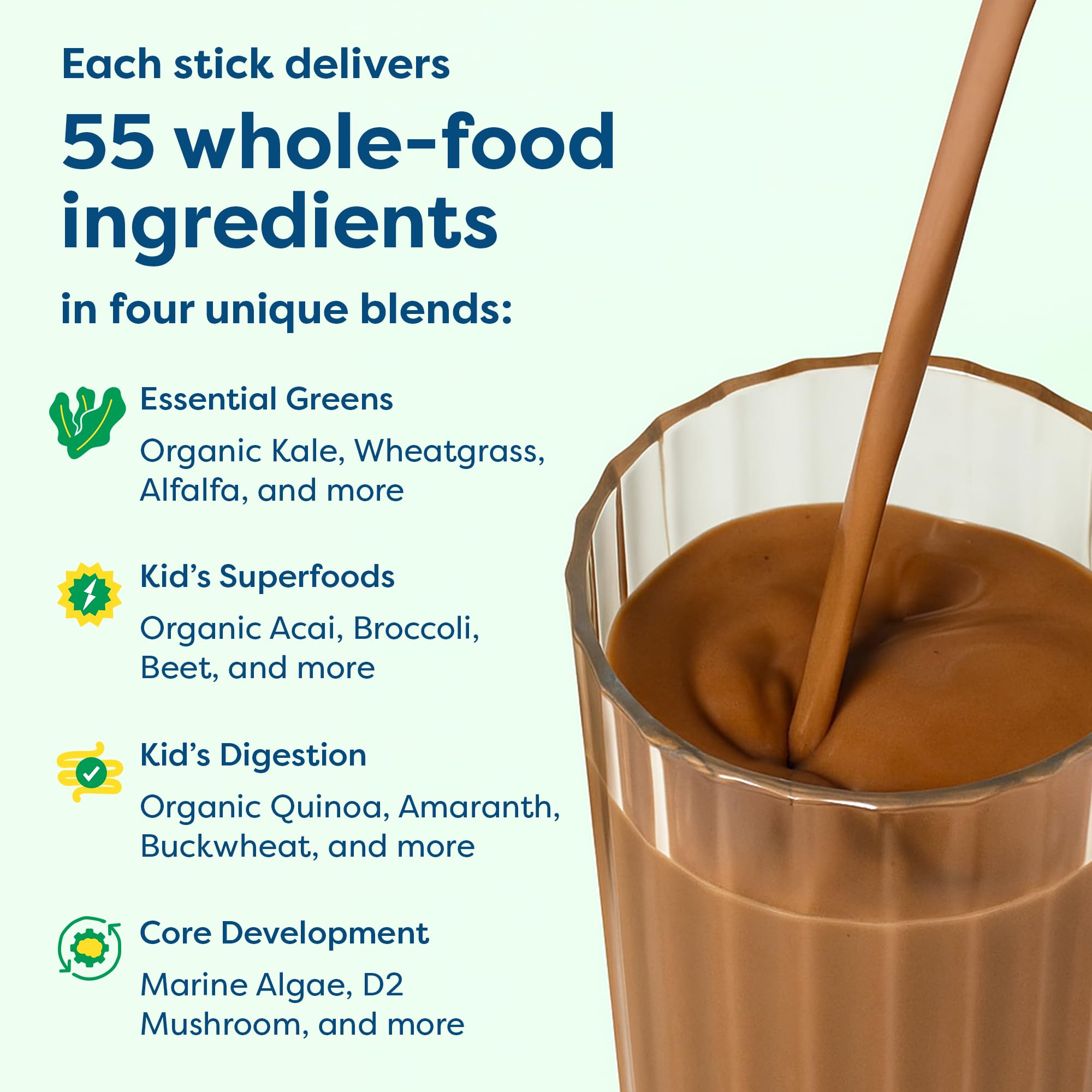 HIYA Kids Greens Powder Sticks spoon-dispense action for quick, kid-friendly servings.