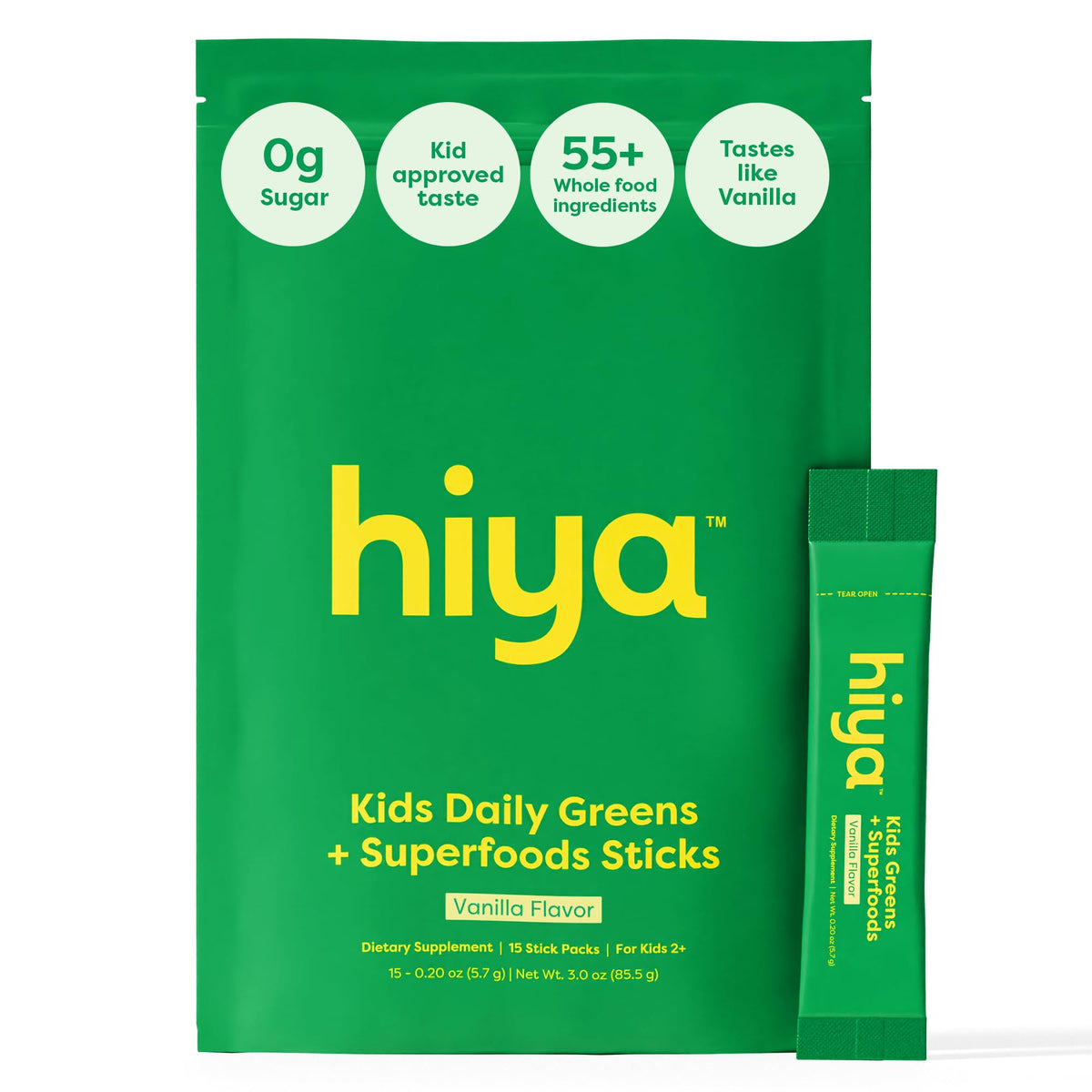 HIYA Kids Greens Powder Sticks vanilla bottle shown for easy daily greens for kids