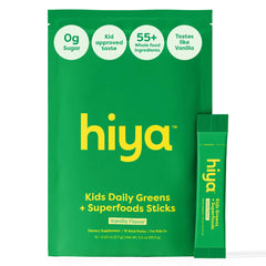 HIYA Kids Greens Powder Sticks vanilla bottle shown for easy daily greens for kids