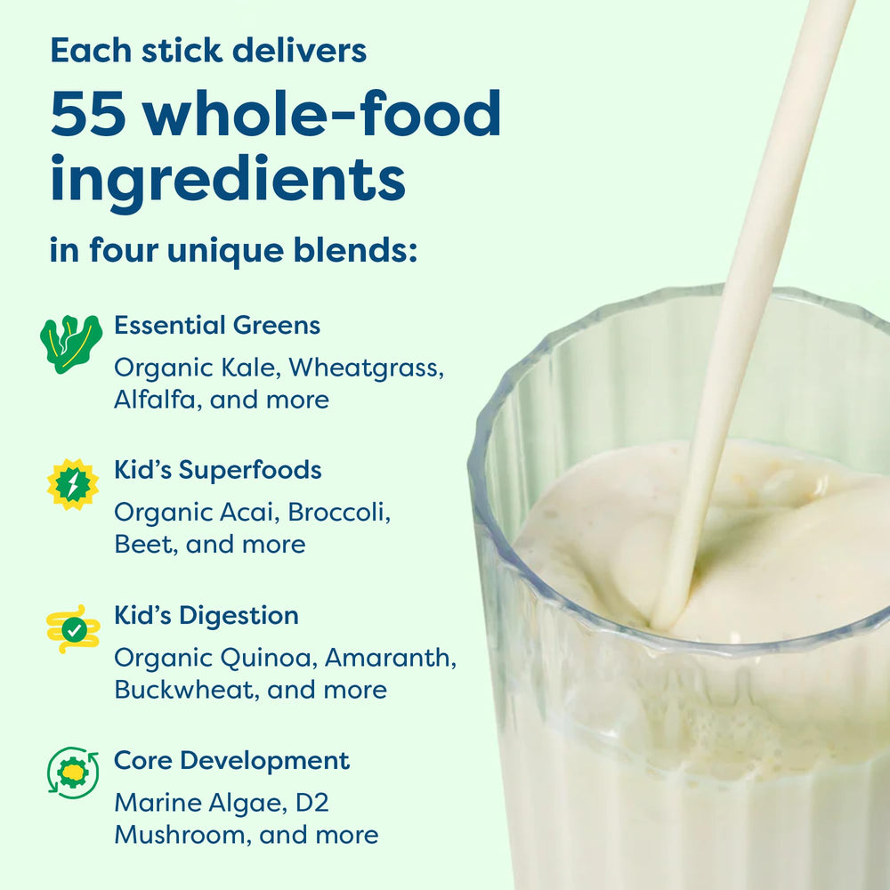 HIYA Kids Greens Powder Sticks being mixed into milk for a creamy serve