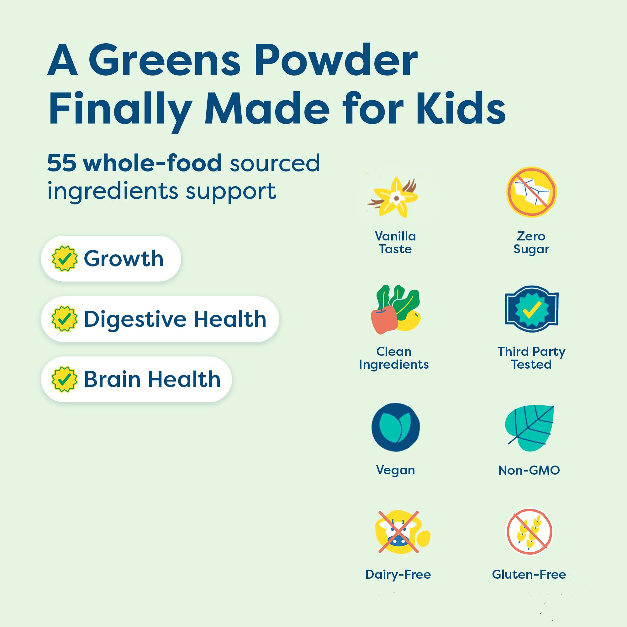 HIYA Kids Greens Powder Sticks vanilla tub open displaying four blends