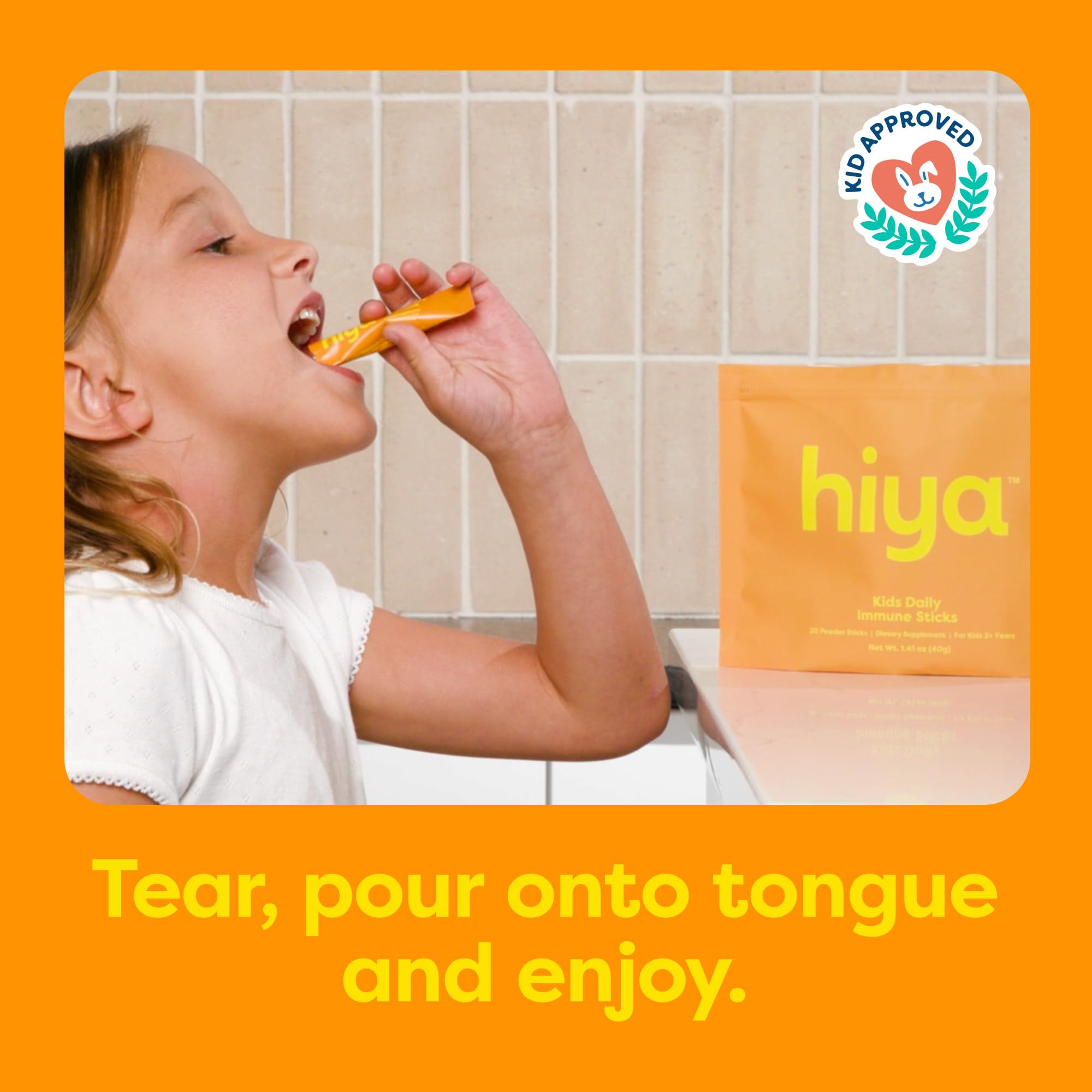 Hiya orange-flavor immune support close-up communicates kid-friendly taste.