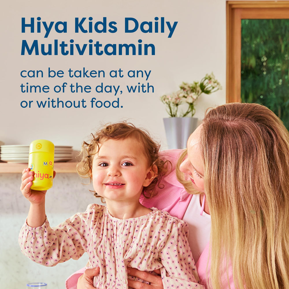 Hiya Kids Multivitamin stickers included with refillable glass bottle.