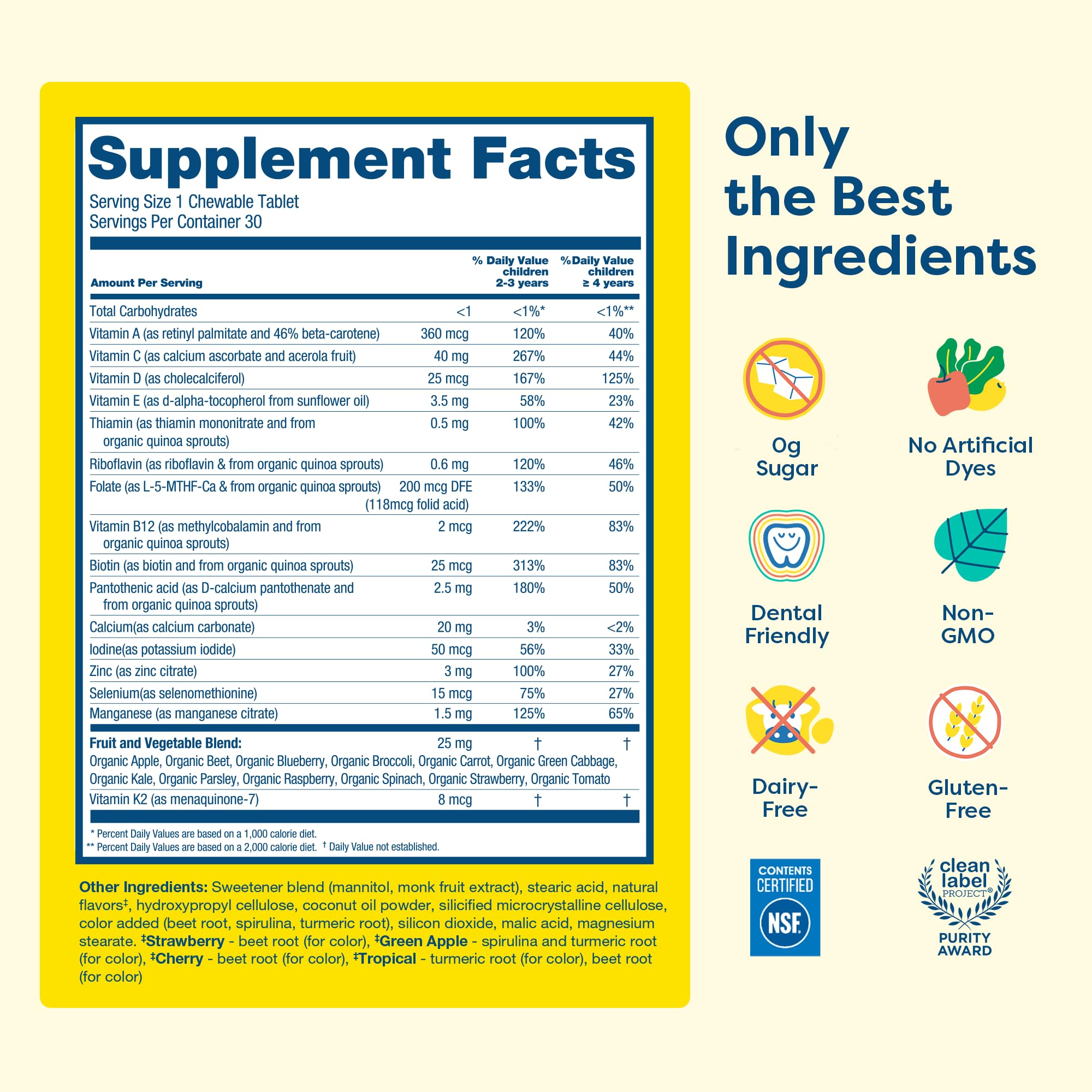 Hiya Kids Multivitamin bottle label highlights 15+ vitamins and minerals.