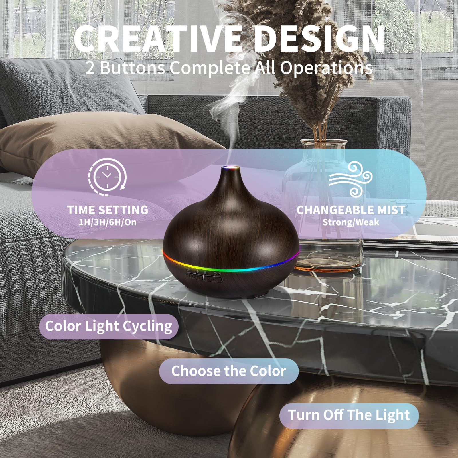 HLS diffuser with soft night-light glow for relaxing evenings