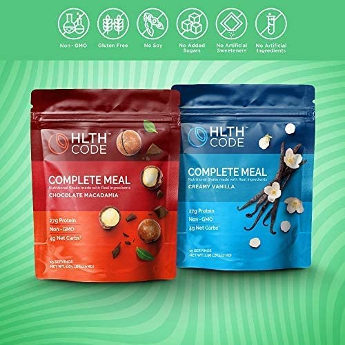 HLTH CODE meal shake canister highlighting protein and collagen content