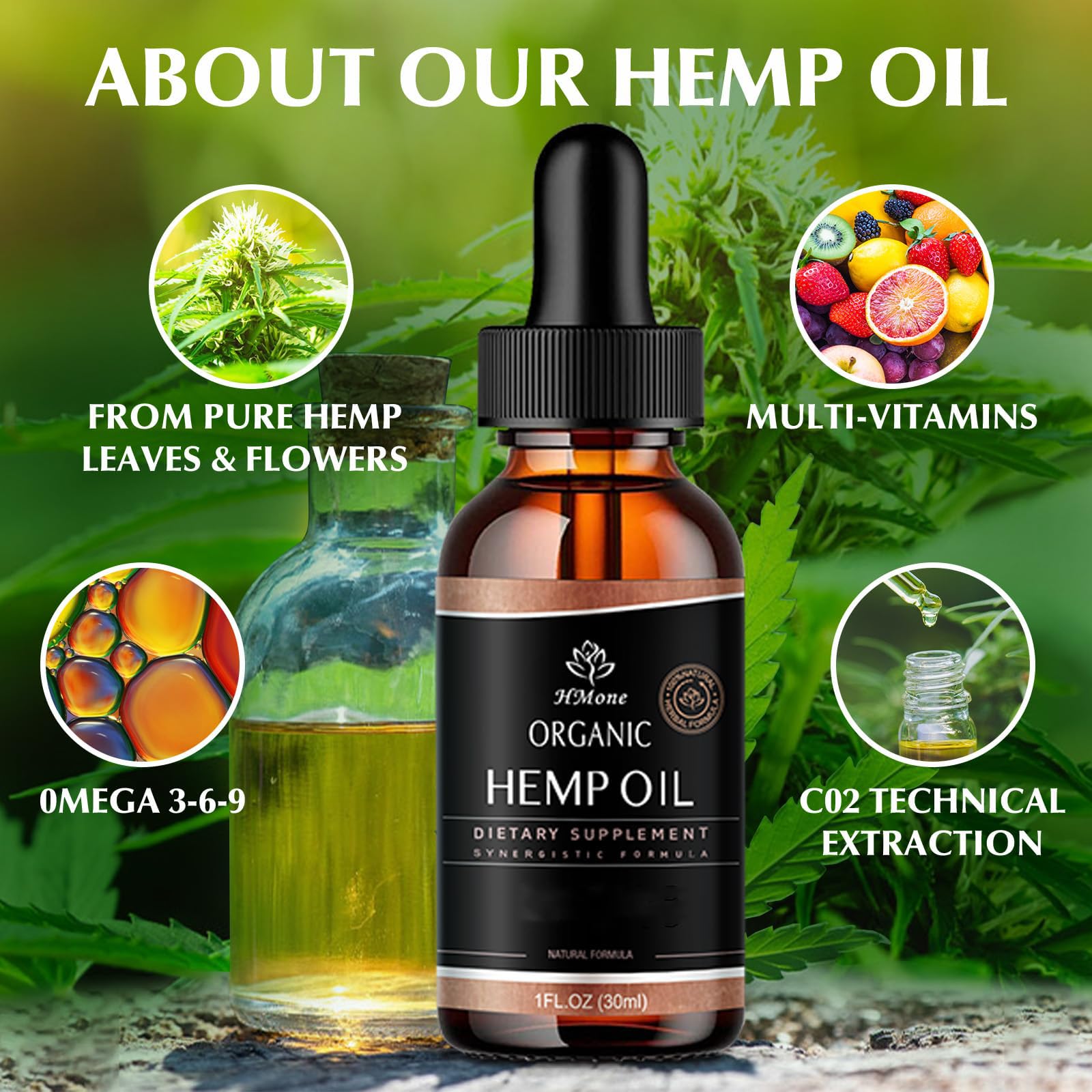 HMone Hemp Oil drop-pour action enables easy daily use.