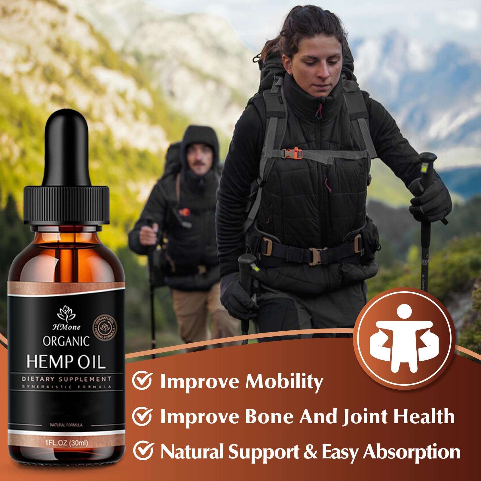 HMone Hemp Oil label highlights organic, non-GMO quality and safety.