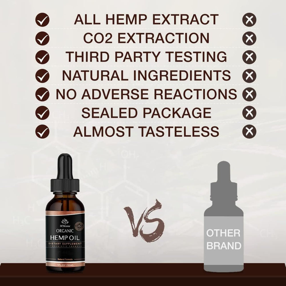 HMone Hemp Oil side view with compact, travel-ready packaging.