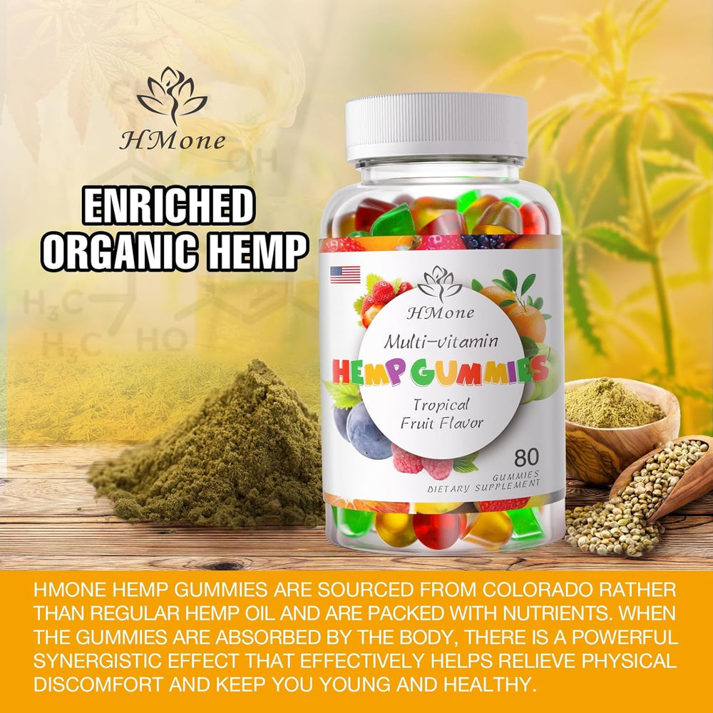 Vegan non-GMO label visible on HMone hemp gummy bottle