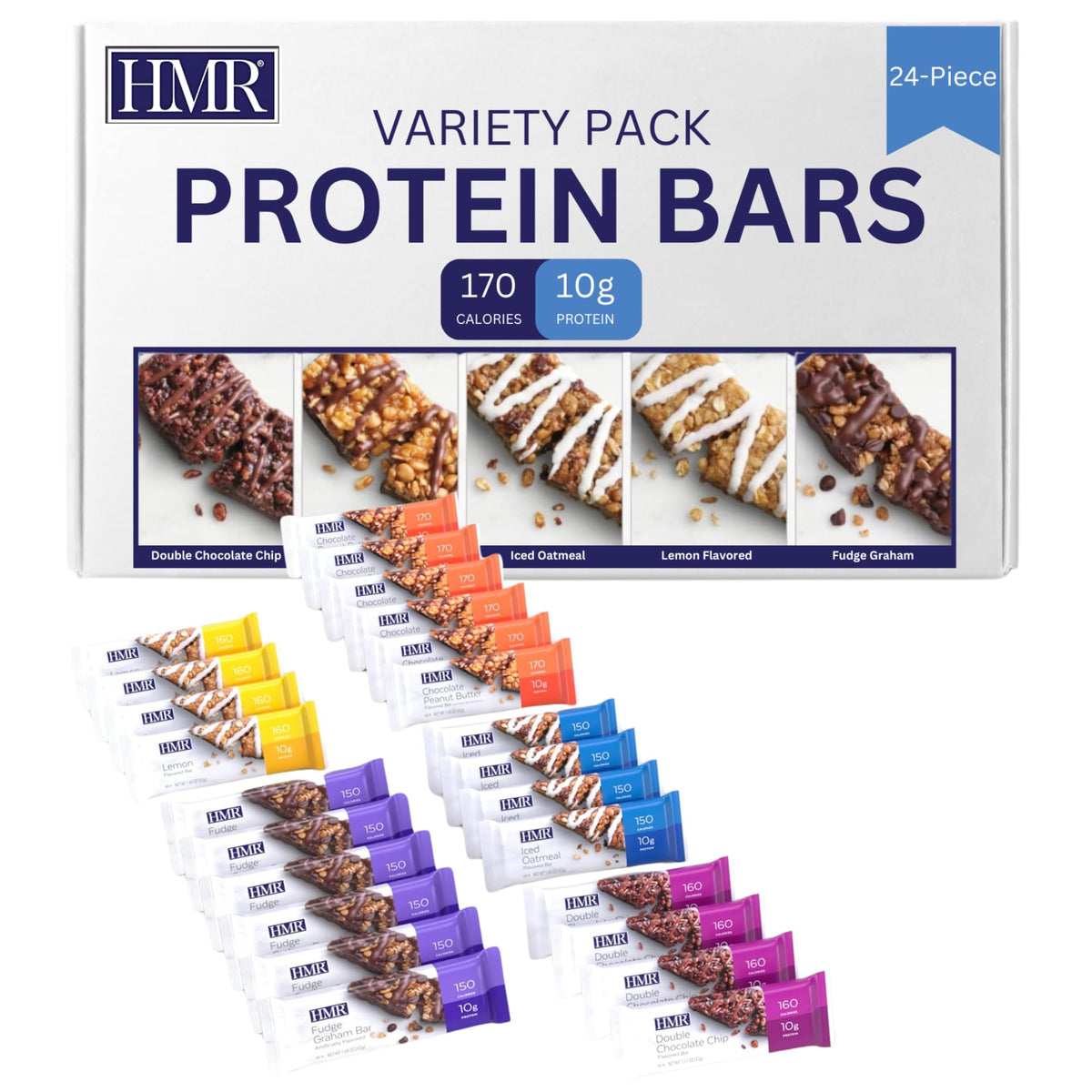 HMR Bar Variety Pack front view showing 24 bars with 10g protein each for energy