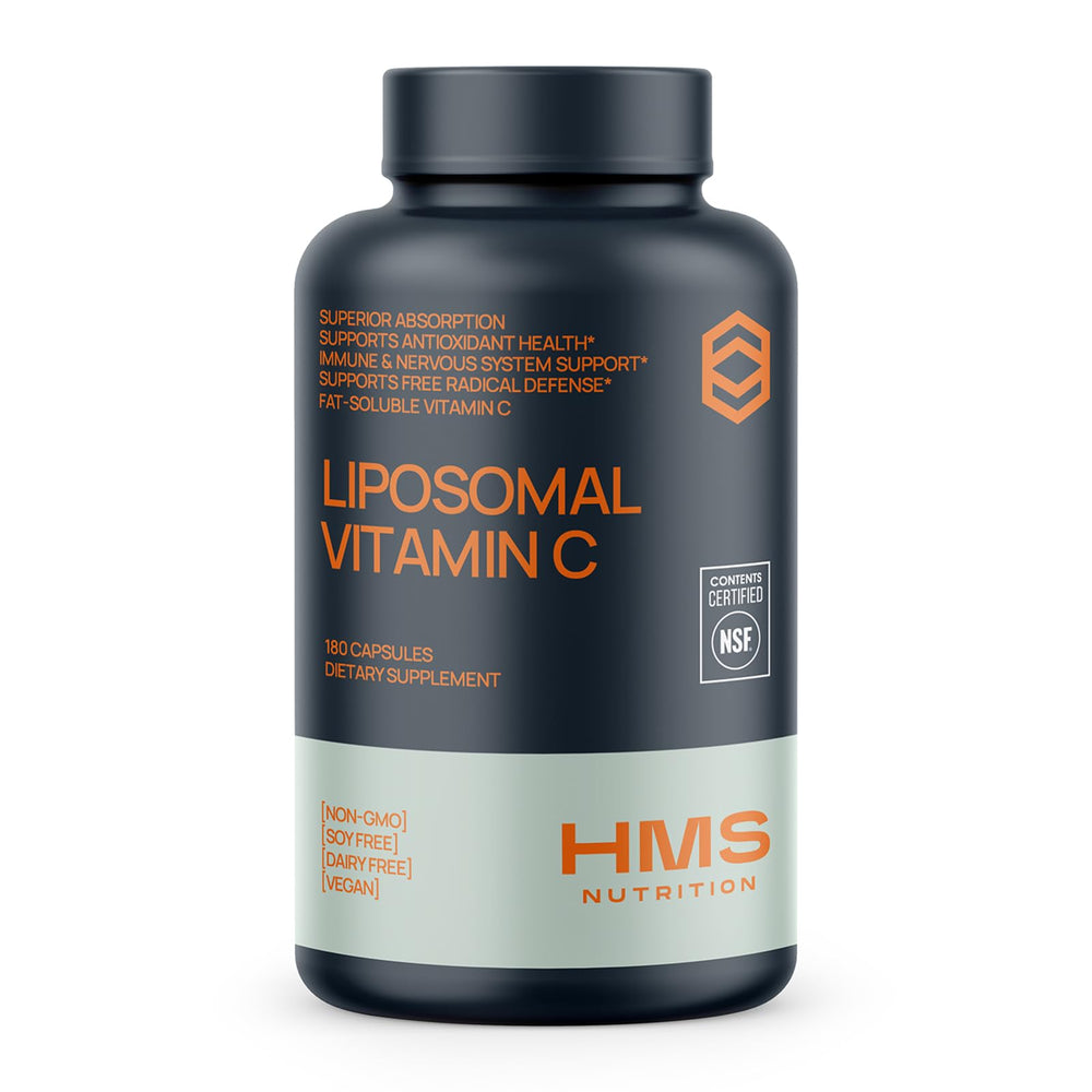 HMS Nutrition Liposomal Vitamin C bottle highlights high bioavailability for daily immune support.