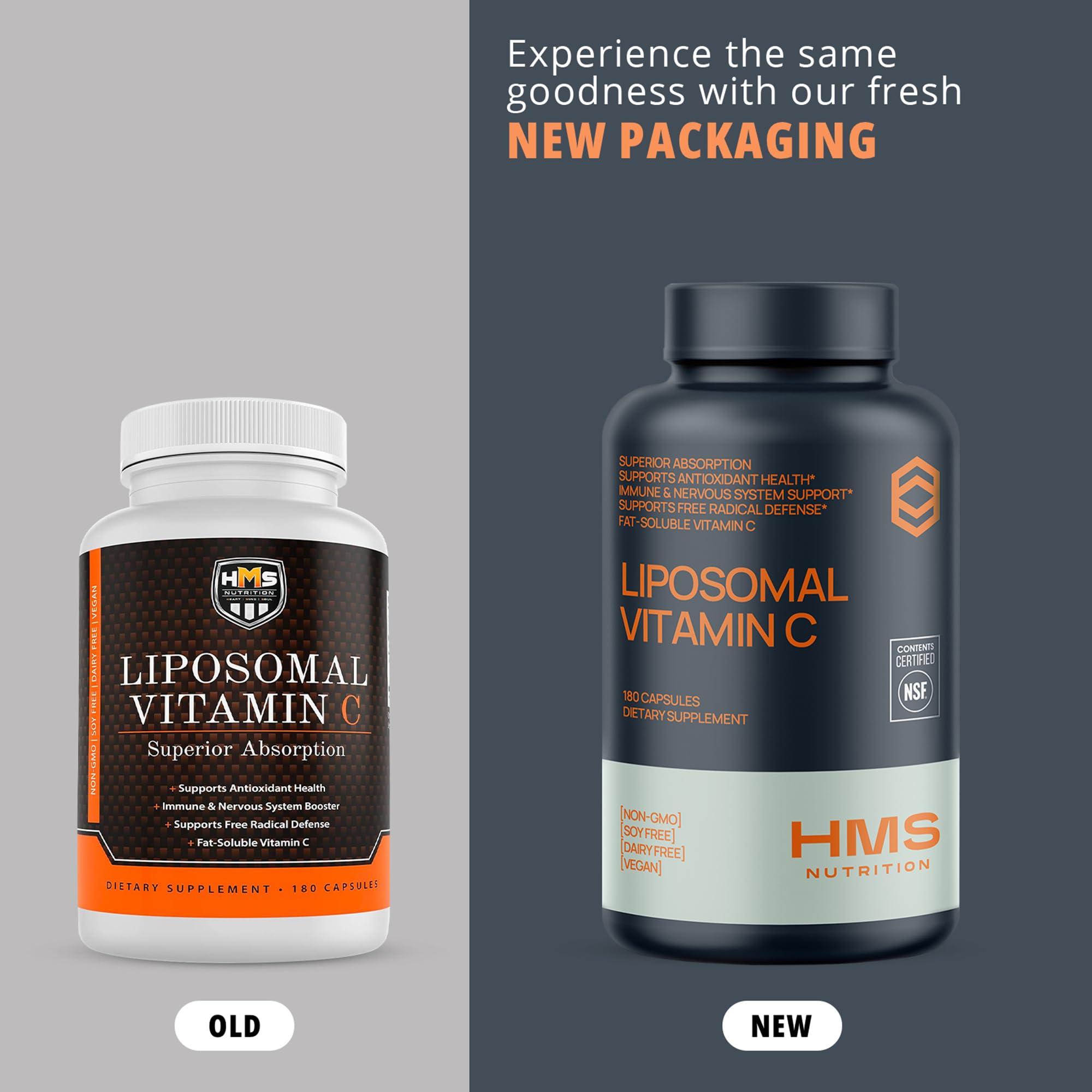 Packaging display for HMS Nutrition Liposomal Vitamin C showing gluten-free, fat-soluble formulation.