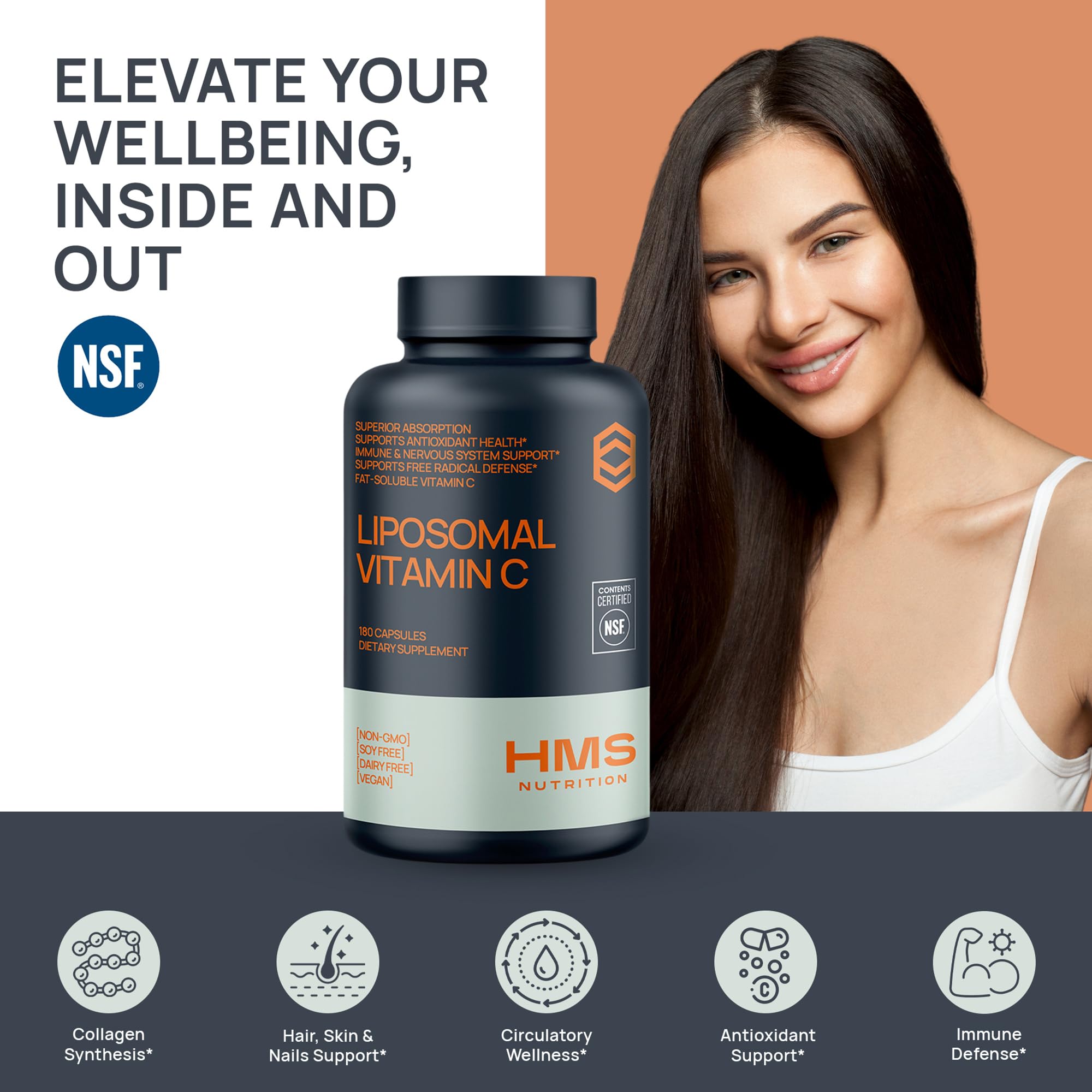 Pour action of HMS Nutrition Liposomal Vitamin C illustrating simple daily dosing.