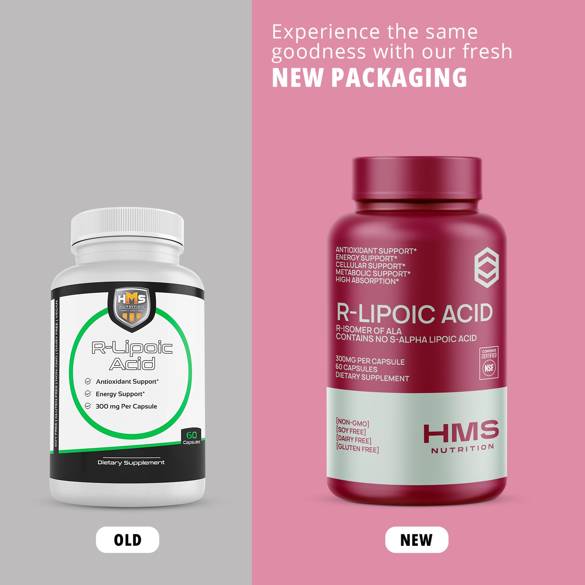 NSF-certified badge on HMS Nutrition label emphasizes trusted manufacturing standards.
