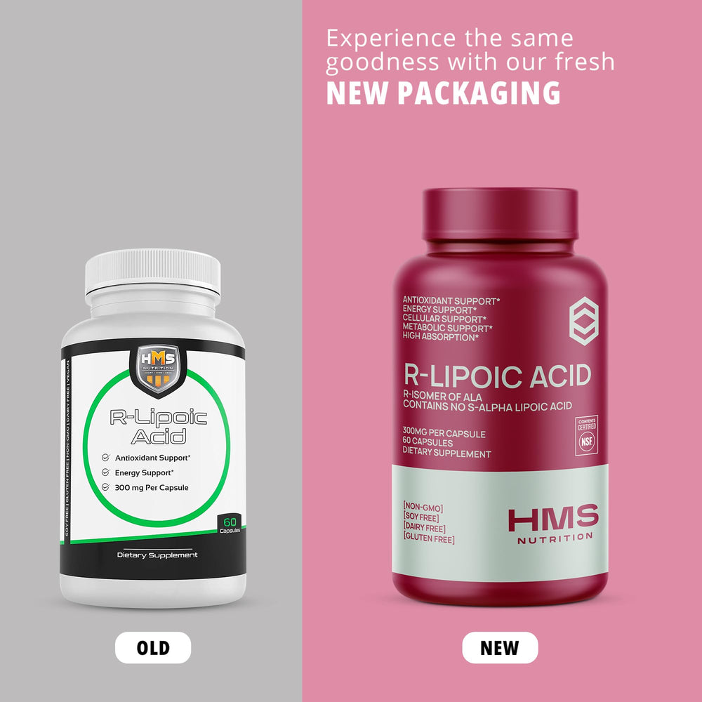 NSF-certified badge on HMS Nutrition label emphasizes trusted manufacturing standards.