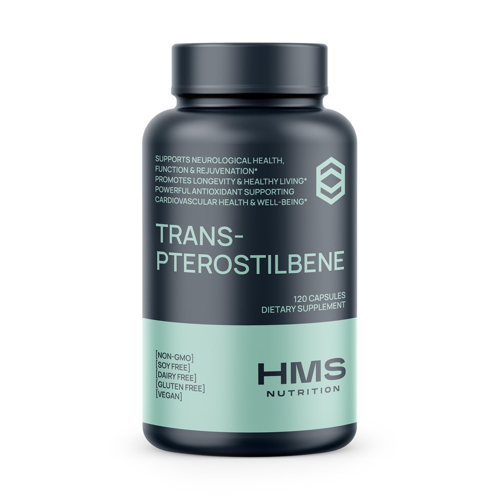HMS Nutrition Potent Trans-Pterostilbene bottle showing potency and vegan formula.
