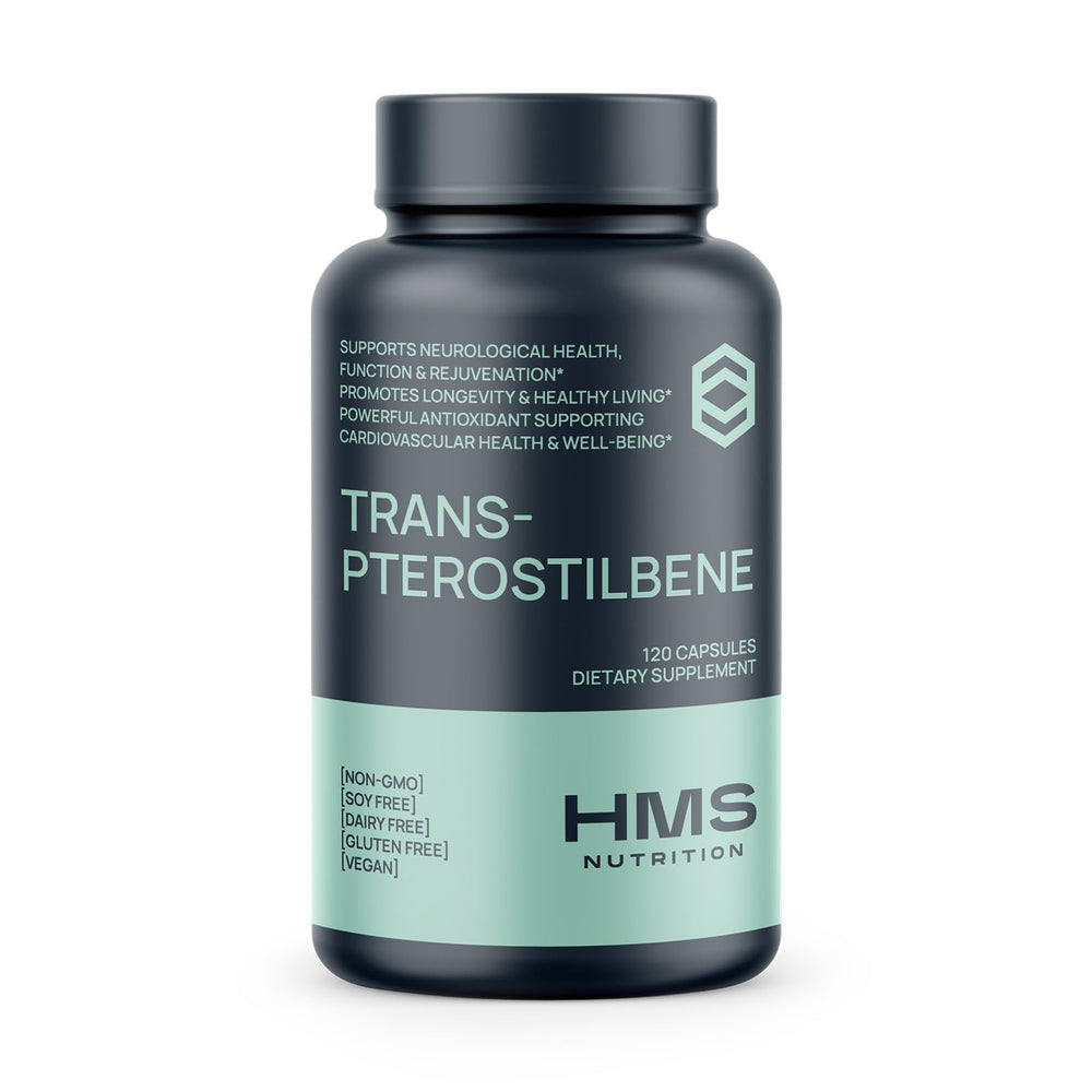 HMS Nutrition Potent Trans-Pterostilbene bottle showing potency and vegan formula.