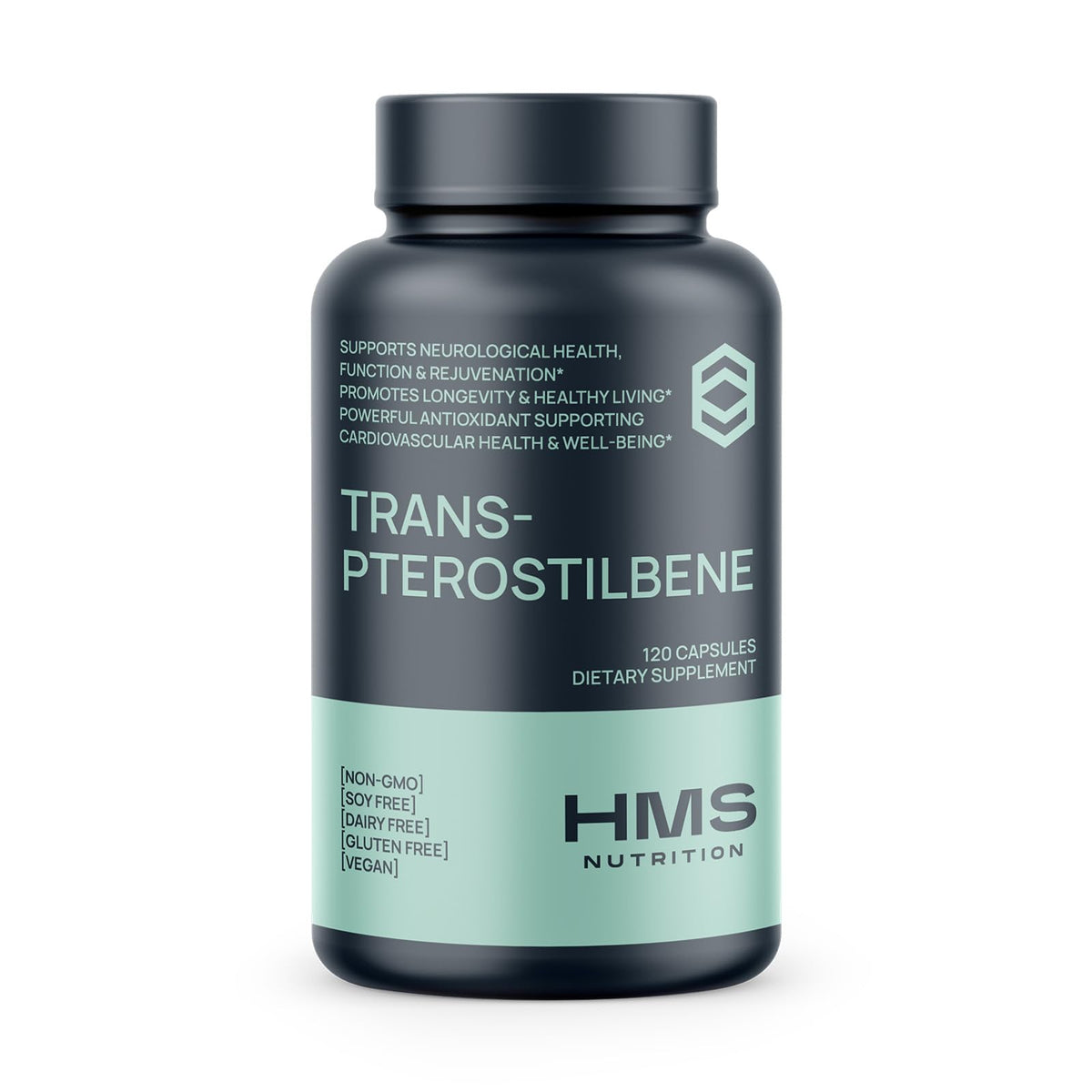 HMS Nutrition Potent Trans-Pterostilbene bottle showing potency and vegan formula.
