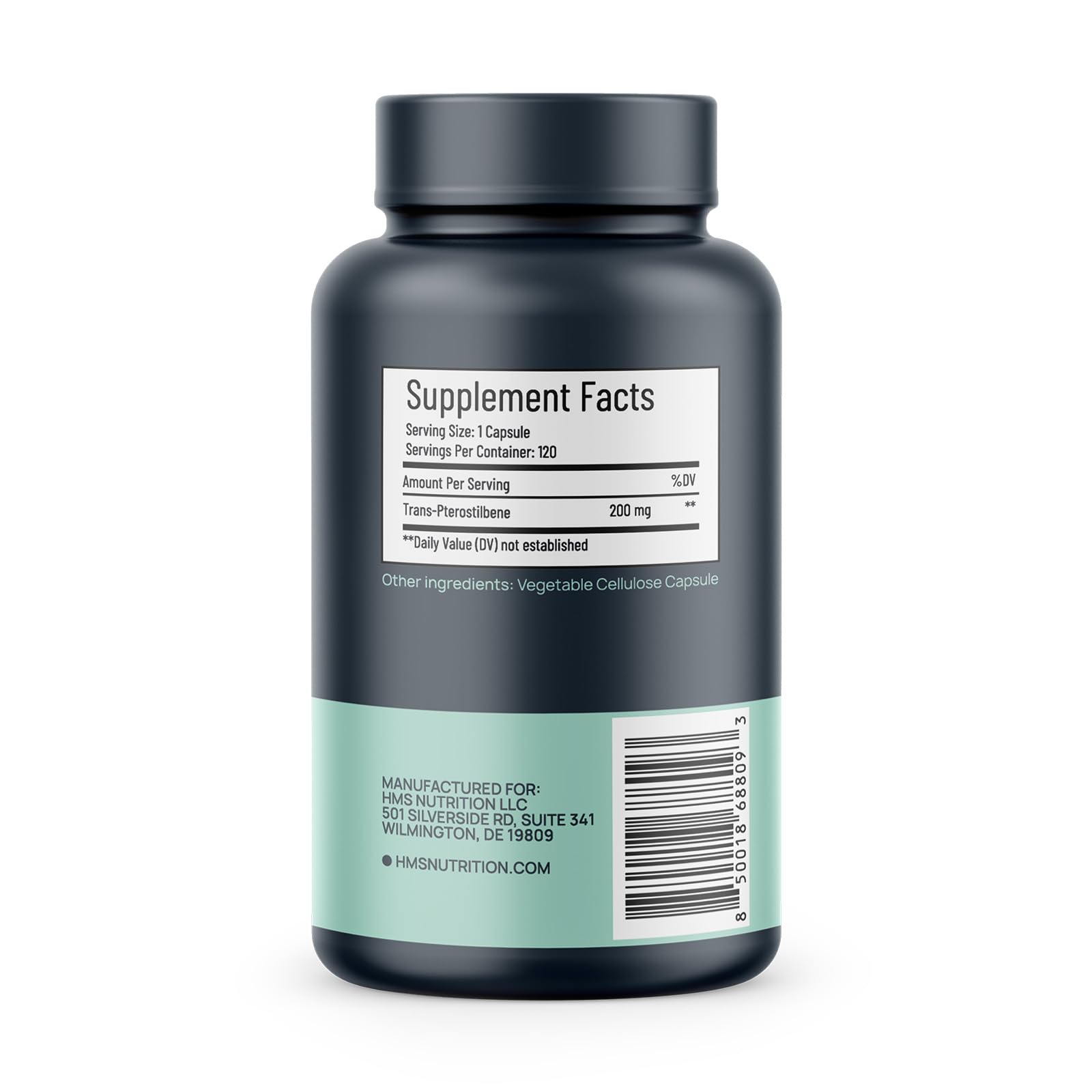 HMS Nutrition Potent Trans-Pterostilbene label highlights high potency and vegan safety.