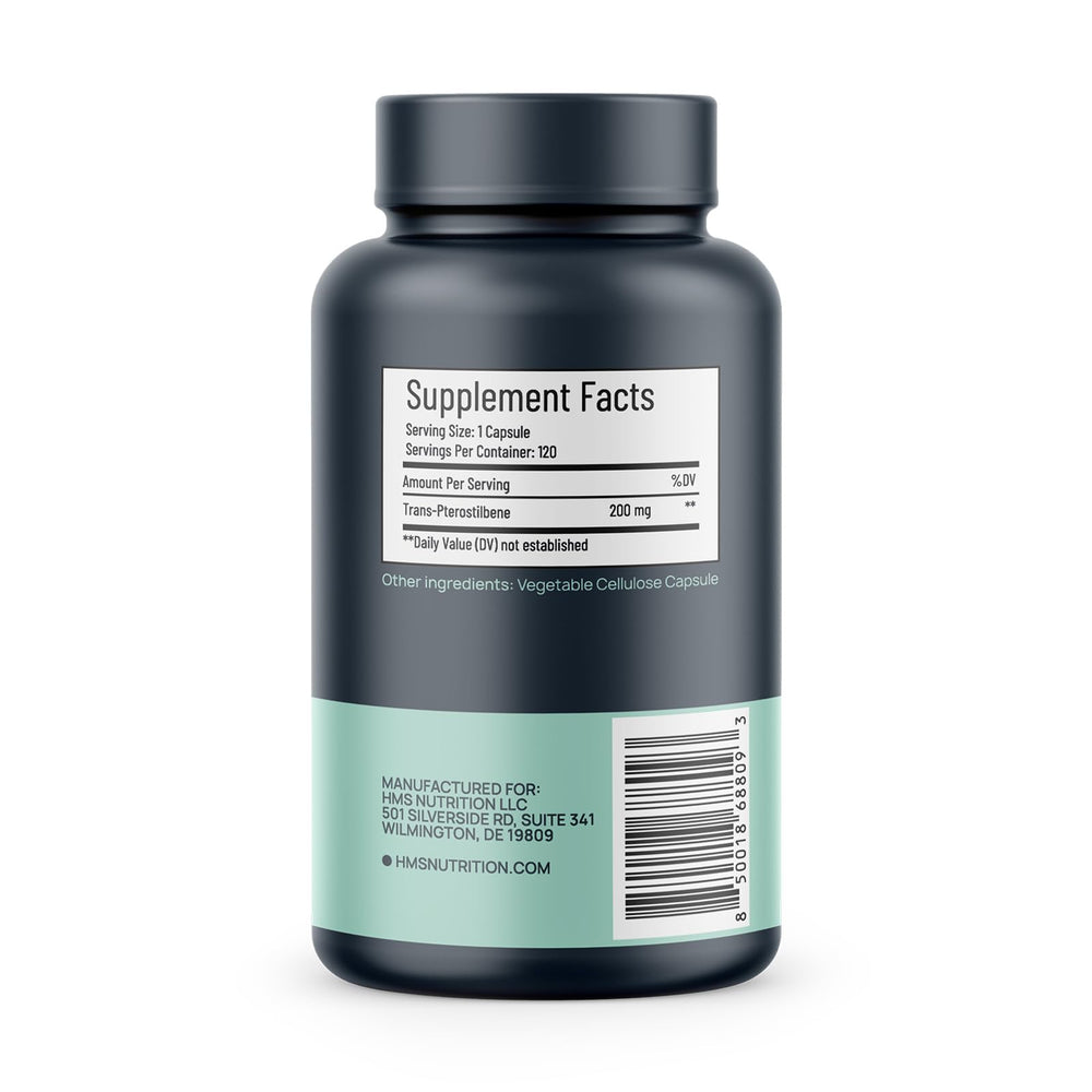 HMS Nutrition Potent Trans-Pterostilbene label highlights high potency and vegan safety.