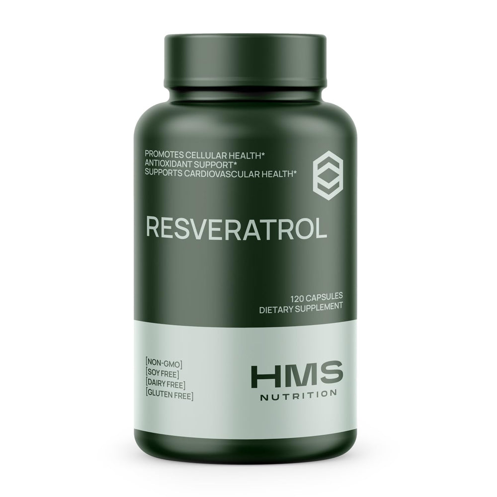 HMS Nutrition Resveratrol 1400mg bottle capsules for daily antioxidant support.