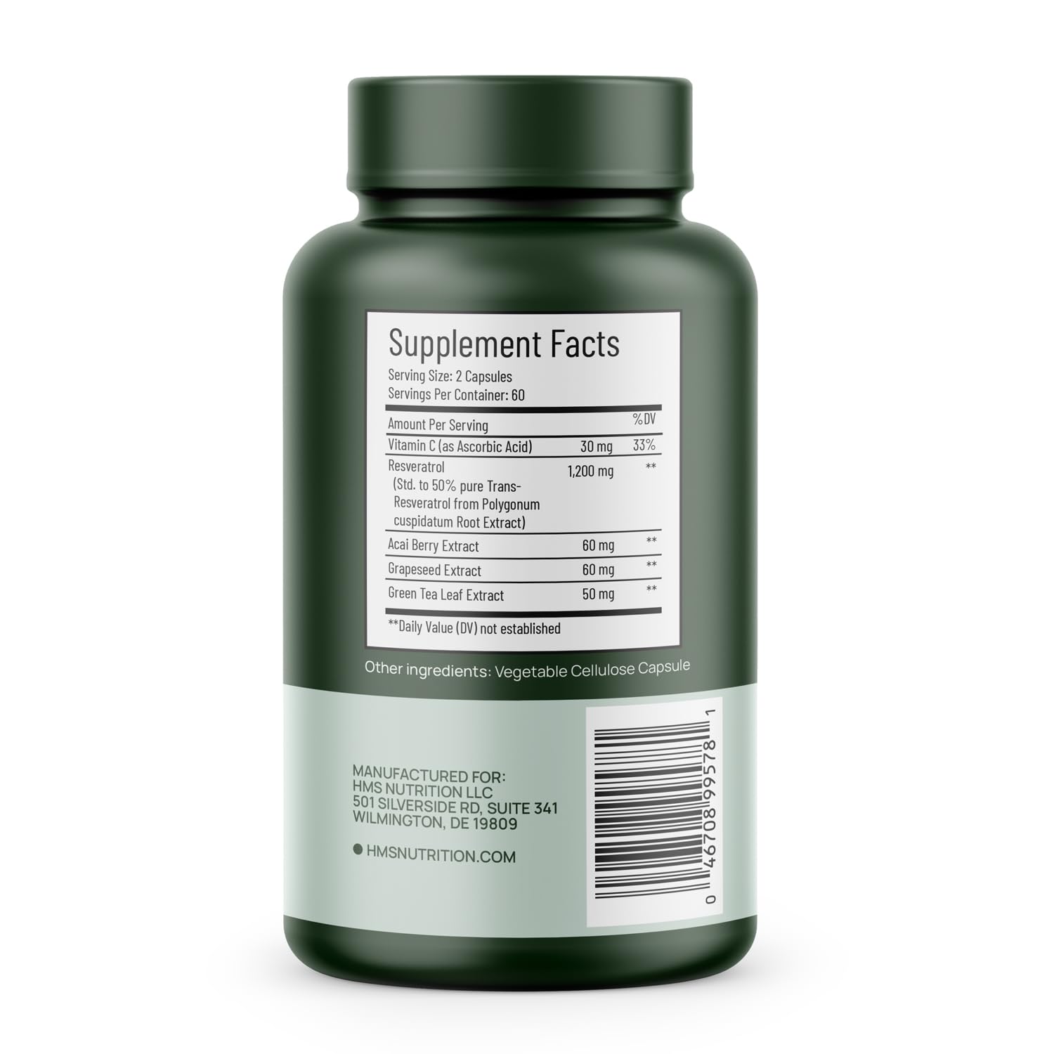 HMS Resveratrol ingredient label highlights organic and vegan formulation.