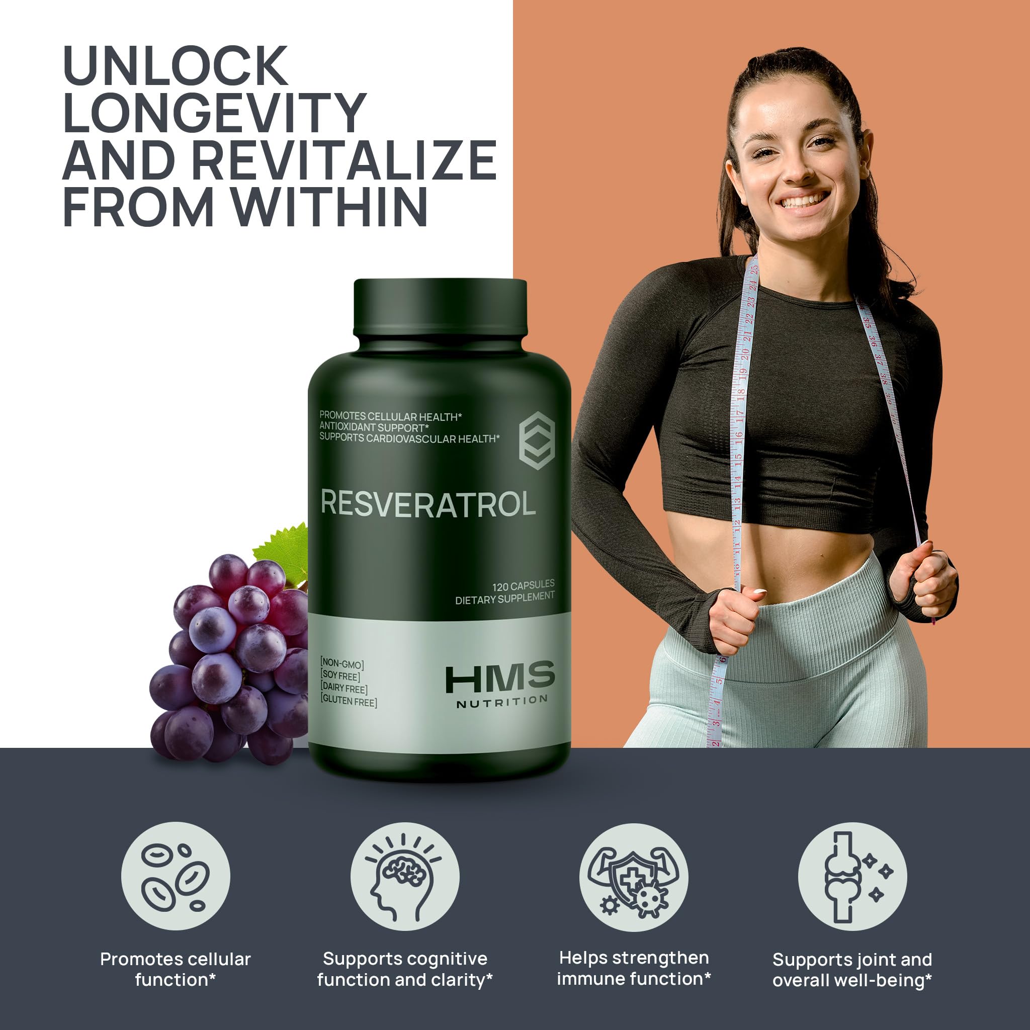 HMS Resveratrol vegan, gluten-free packaging with clean label.