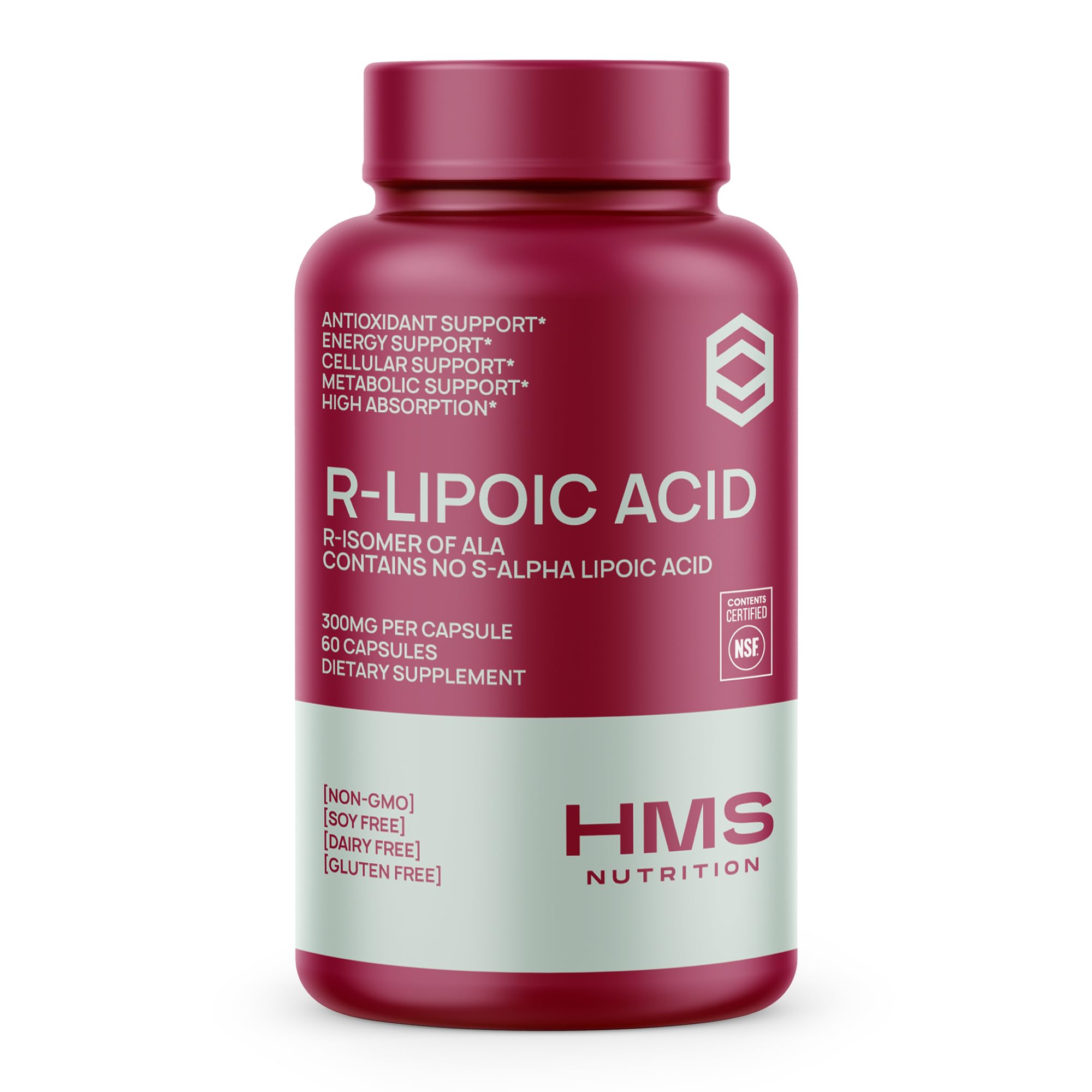 HMS Nutrition Stabilized R-Lipoic Acid 300mg bottle on desk suggests convenient antioxidant support.