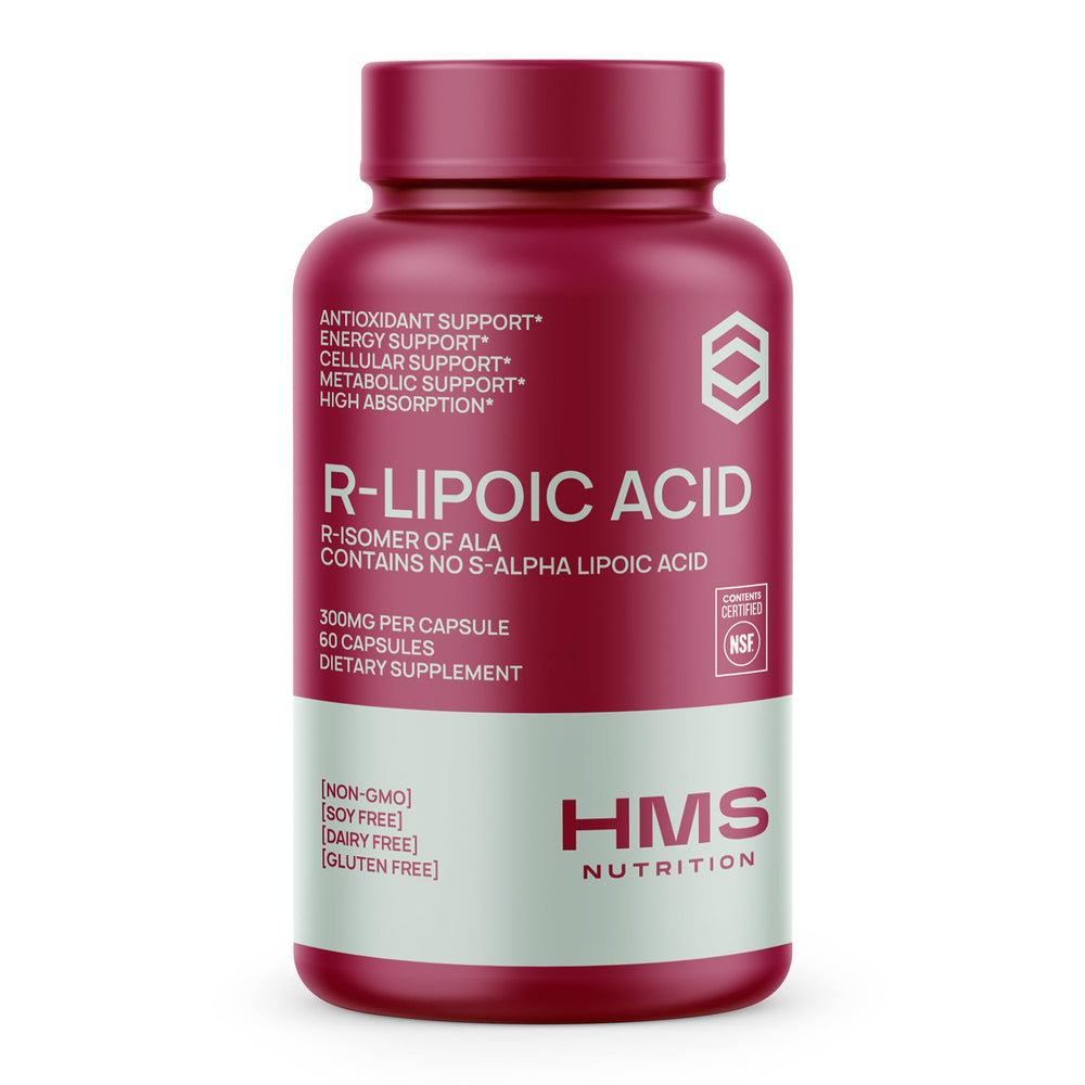 HMS Nutrition Stabilized R-Lipoic Acid 300mg bottle on desk suggests convenient antioxidant support.