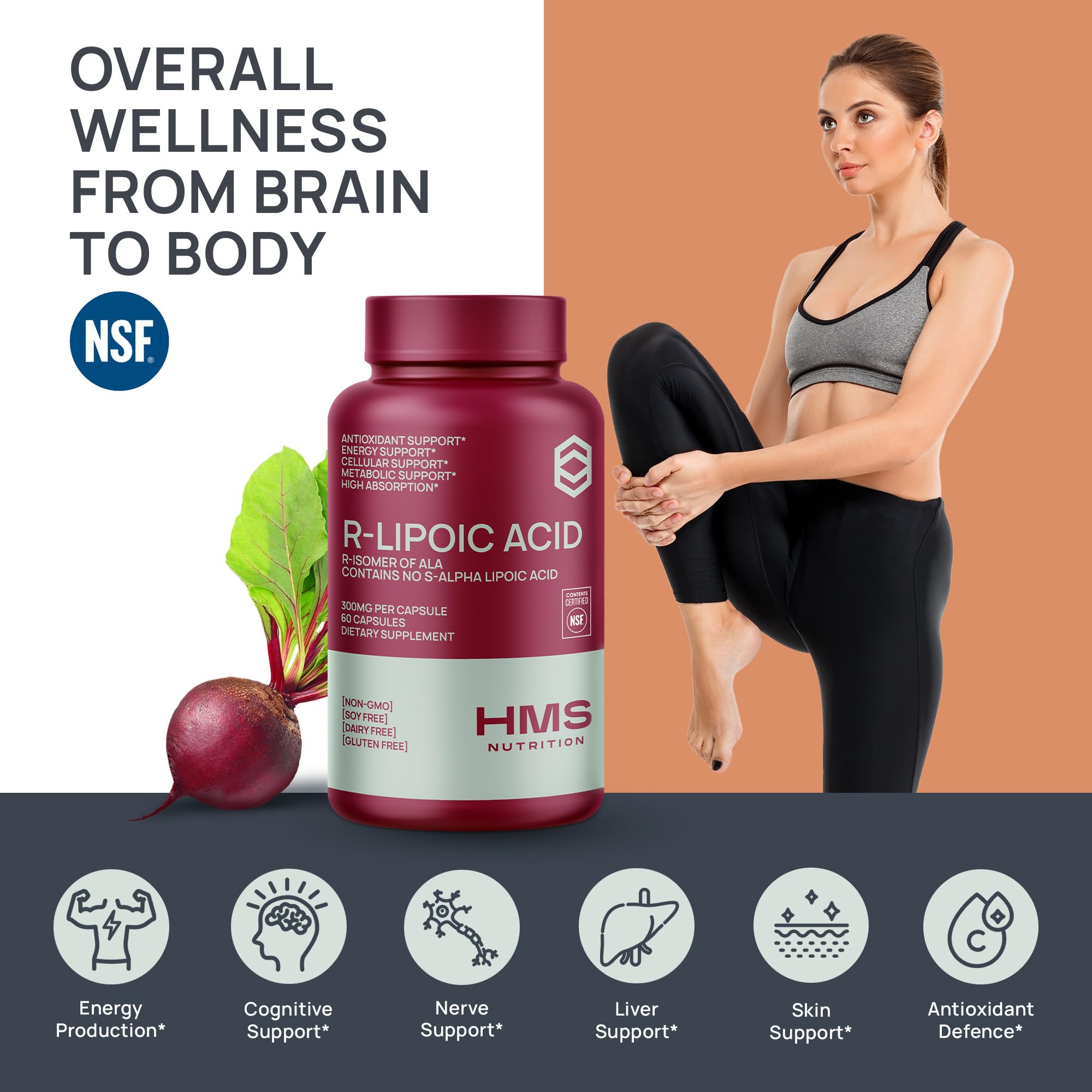Vegan non-GMO label on HMS Nutrition bottle highlights plant-based formulation.