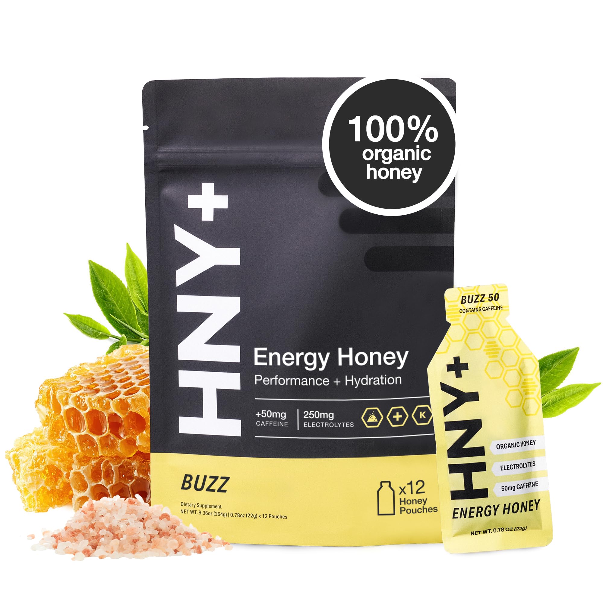 HNY+ Buzz energy gel packaging ready for on-the-go fueling.
