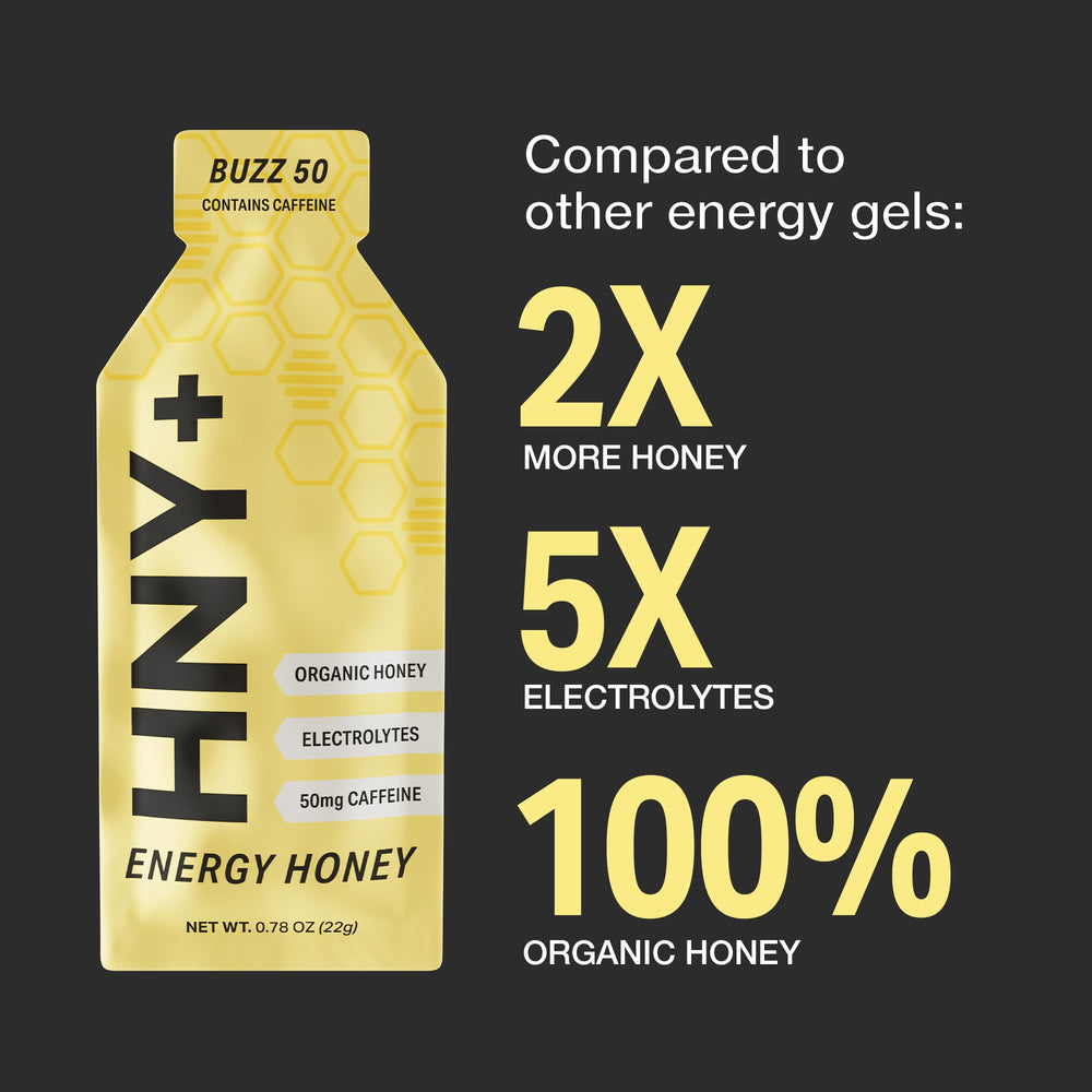 HNY+ Buzz gel tucked in a pocket for pre-workout fueling.