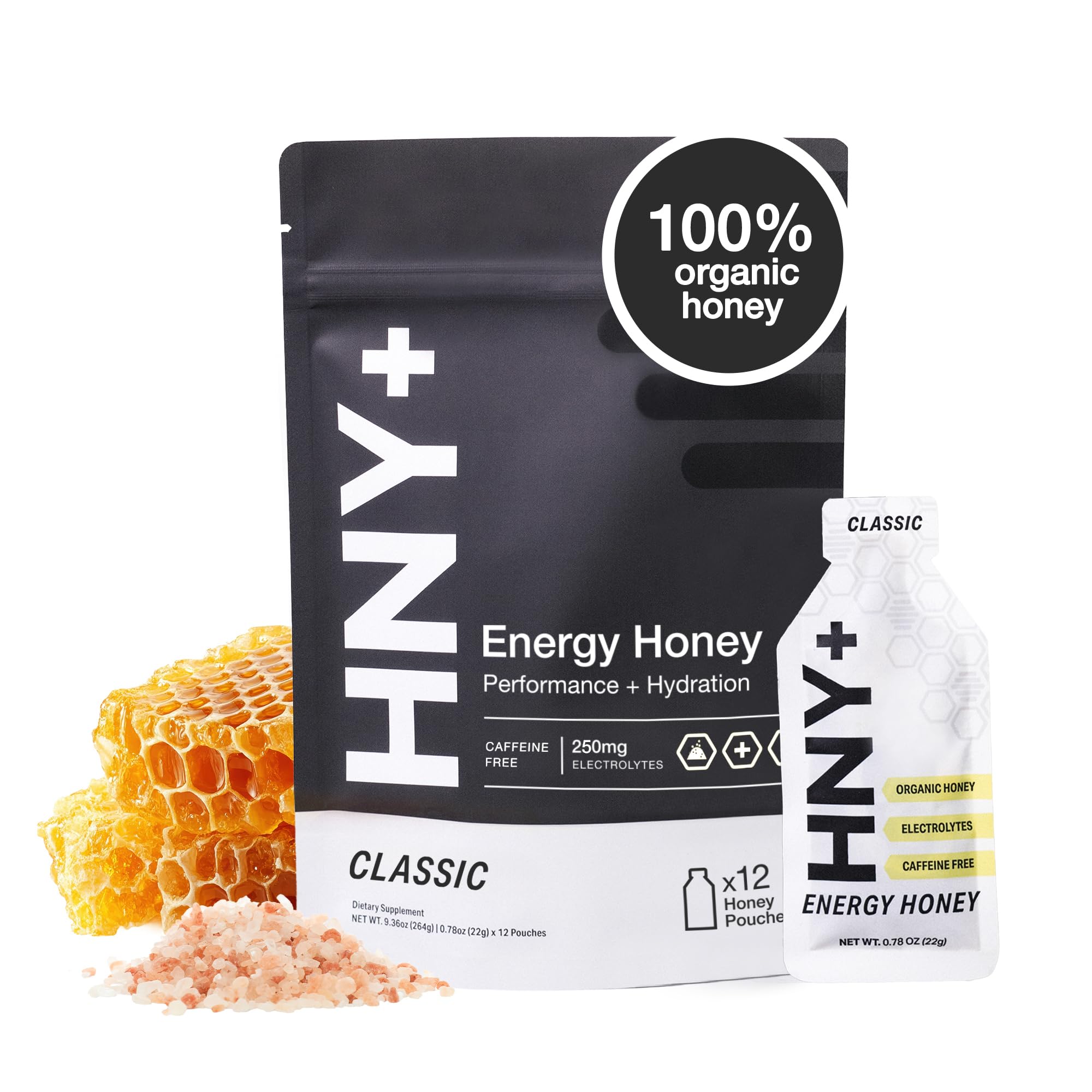 HNY+ Organic Honey Energy Gel packaging for convenient workout fueling
