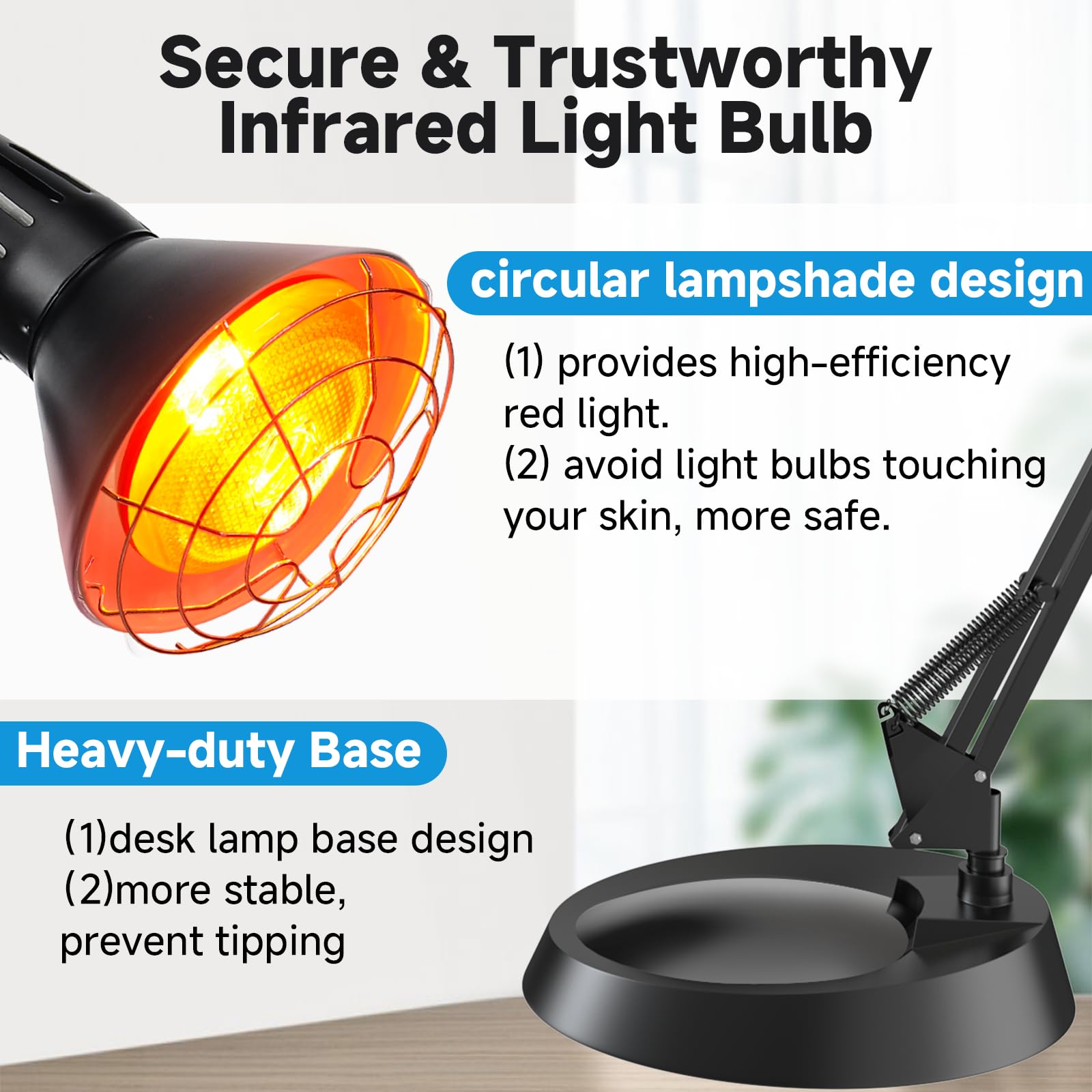 Hoakya infrared heat lamp emits beneficial wavelengths for focused warmth.